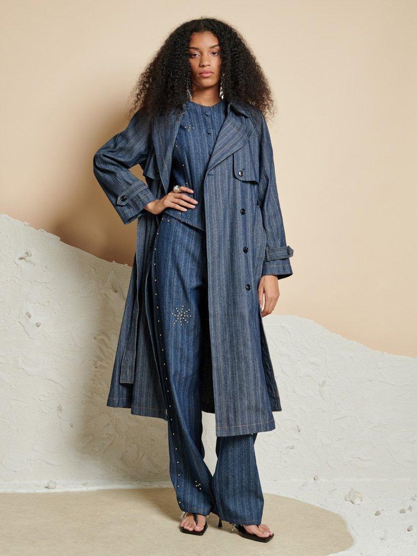 Product image 1 of 6, which shows GHOSPELL Blakely Denim Trench Coat, Blue, 8