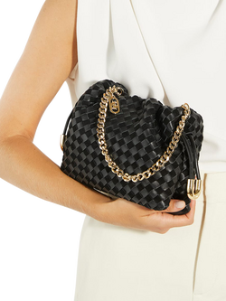 Dune London Primrose S Leather Woven Drawstring Bag, Black - view 2, Black