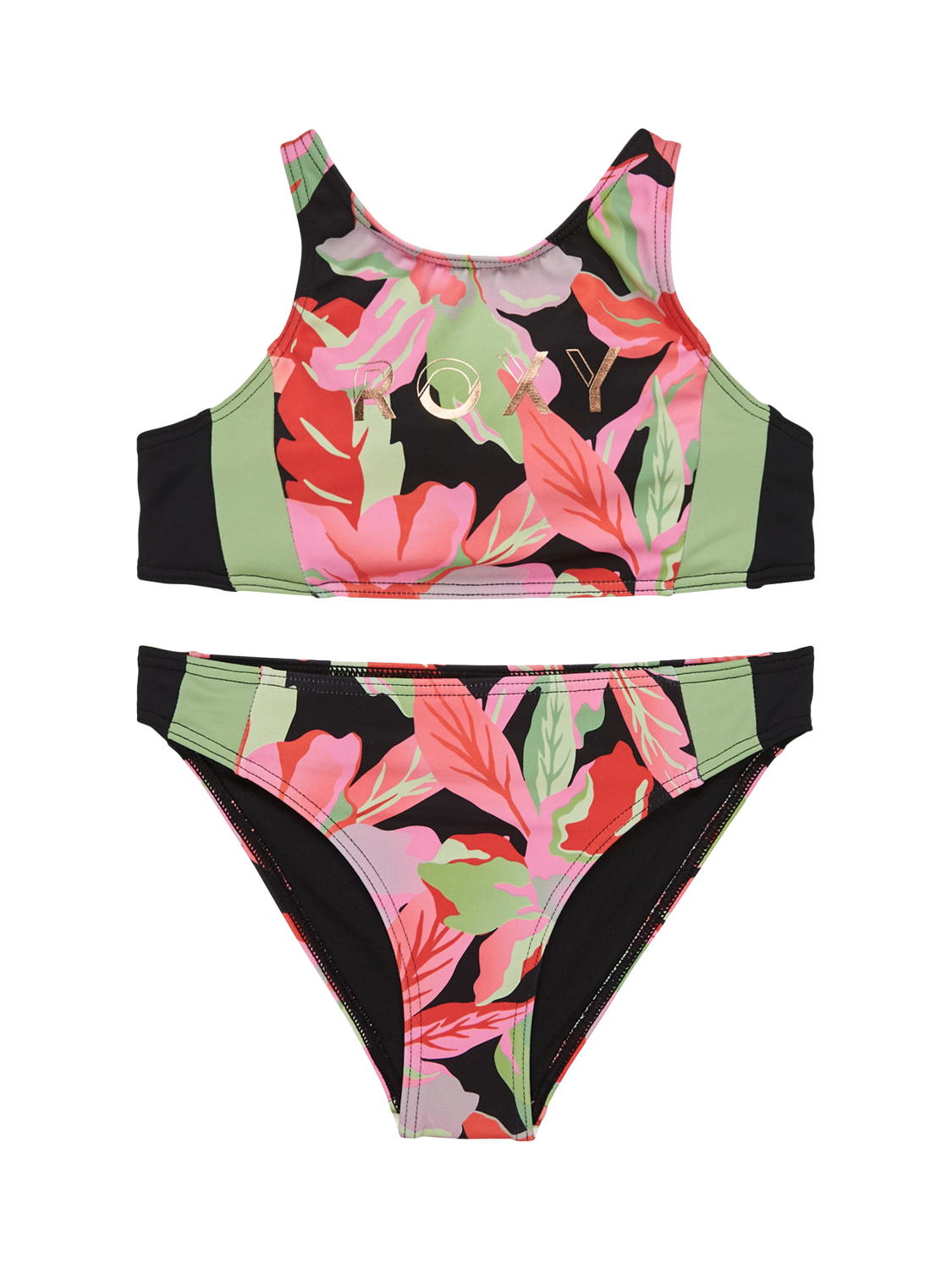 Product image 1 of 2, which shows Roxy Kids' Active Floral Crop Top Bikini Set, Anthracite, 14 years