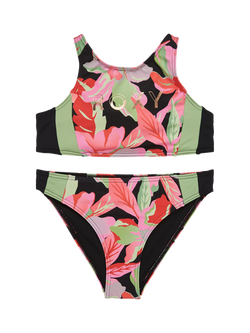 Roxy Kids' Active Floral Crop Top Bikini Set, Anthracite, Anthracite