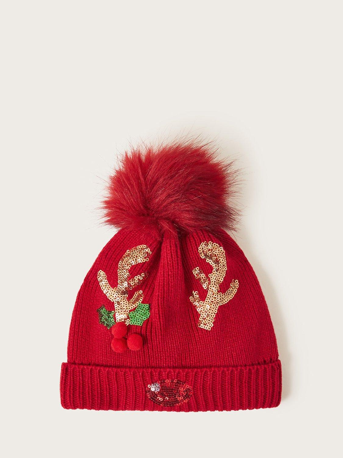 Monsoon Kids' Reindeer Beanie Hat, Burgundy