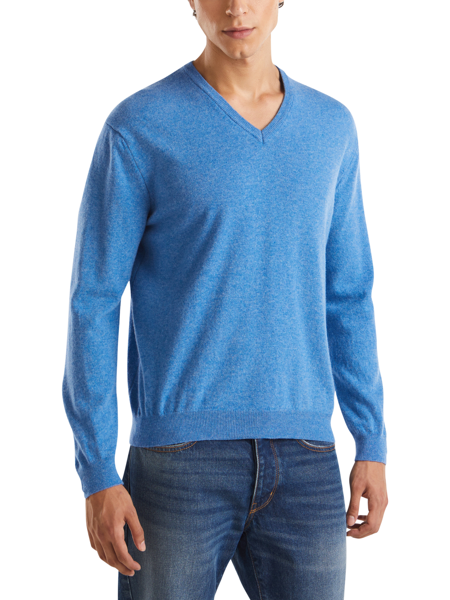 Product image 1 of 5, which shows Benetton Wool V-Neck Sweater, Blue Melange, S