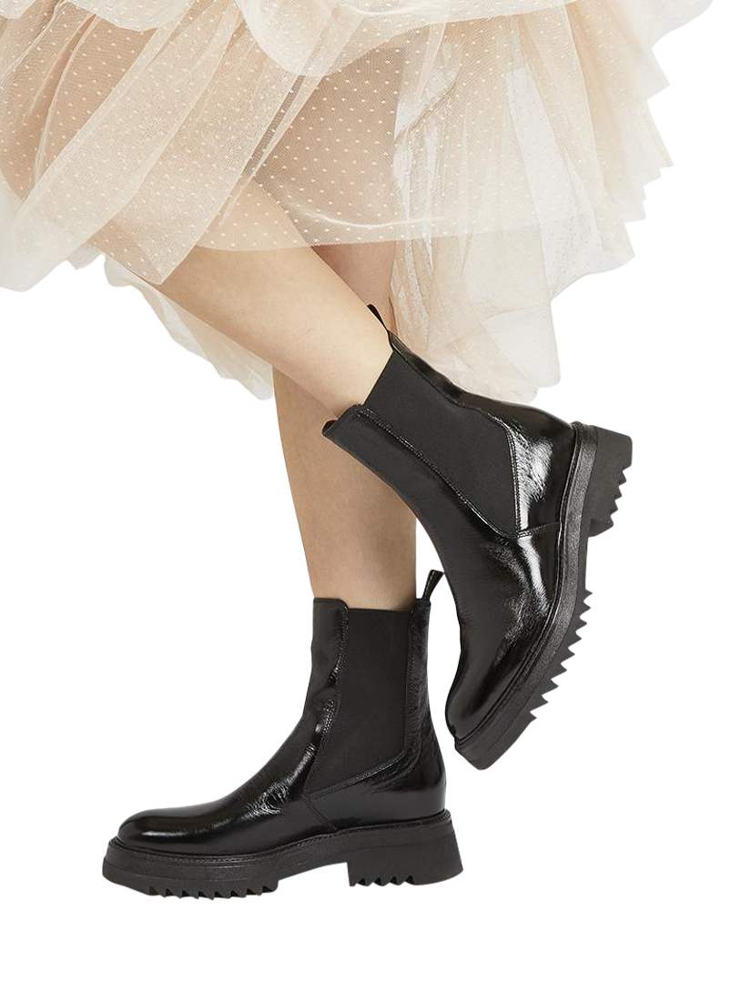 Product image 2 of 6, which shows Jones Bootmaker Denno Leather Chunky Chelsea Boots, Black Patent, 3