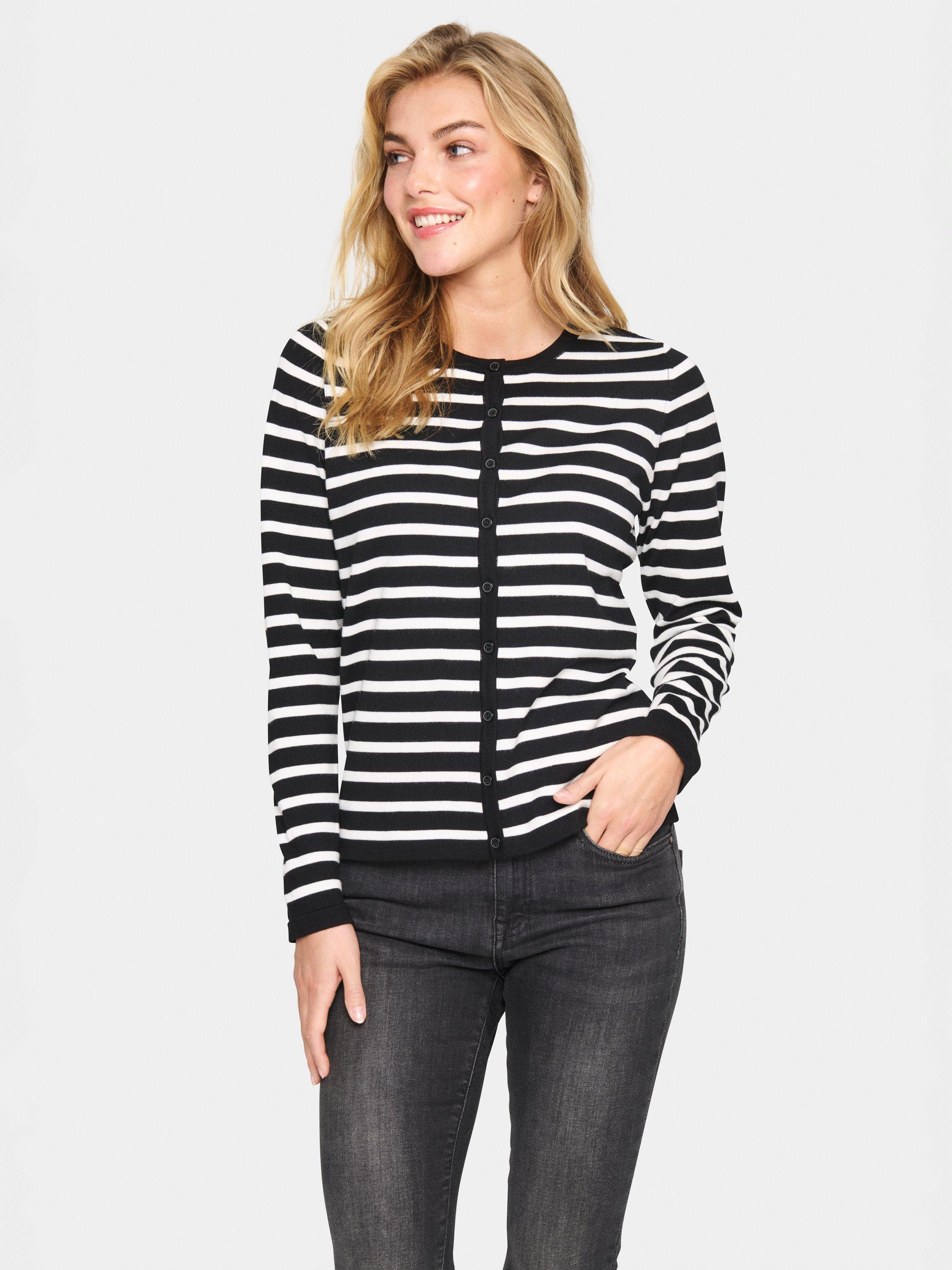 Product image 1 of 6, which shows Saint Tropez Mila Slim Fit Stripe Cardigan, Black/White, XS