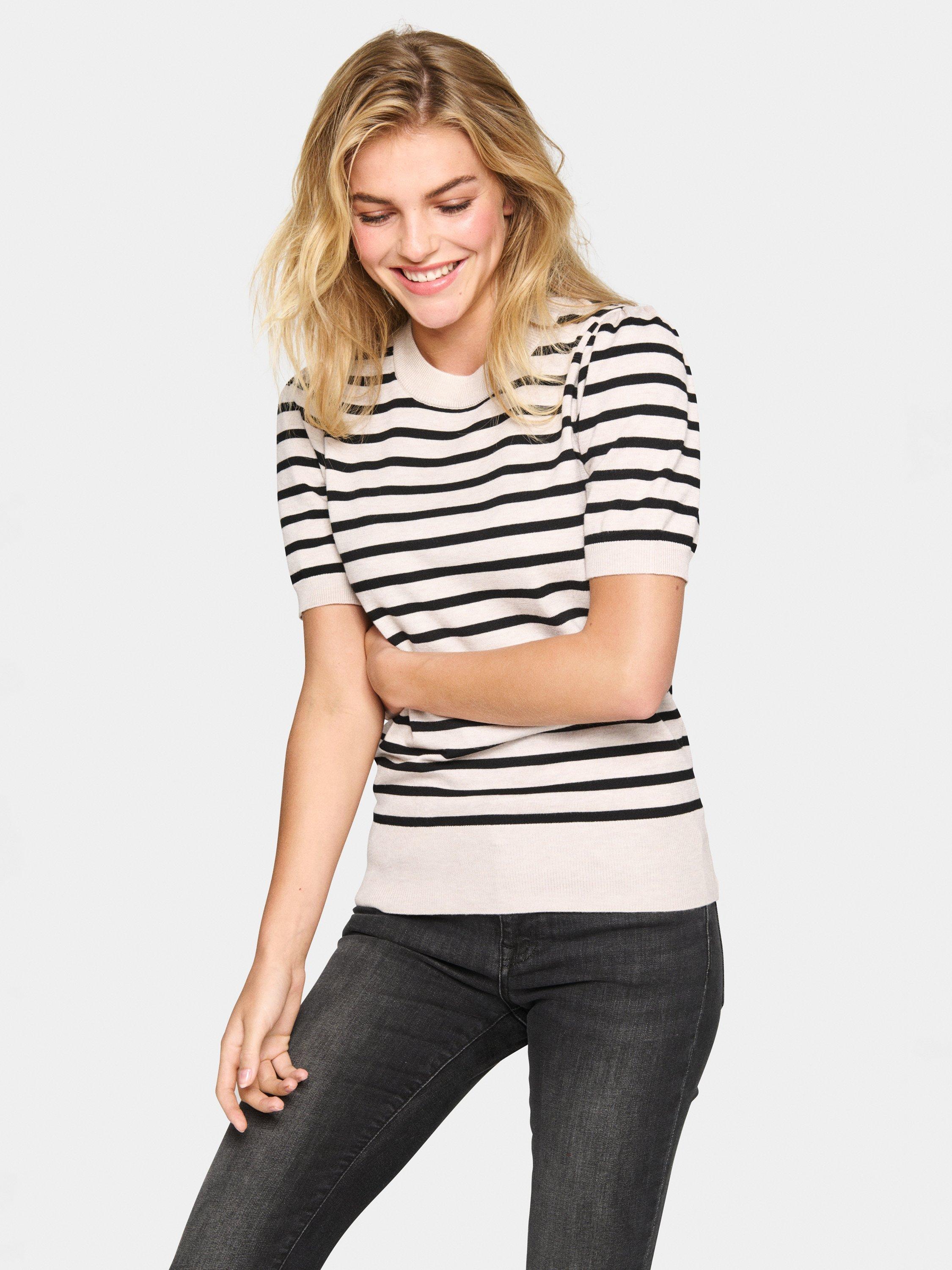 Product image 1 of 8, which shows Saint Tropez Mila Stripe Short Sleeve Knit, Soft Grey/Black, XS