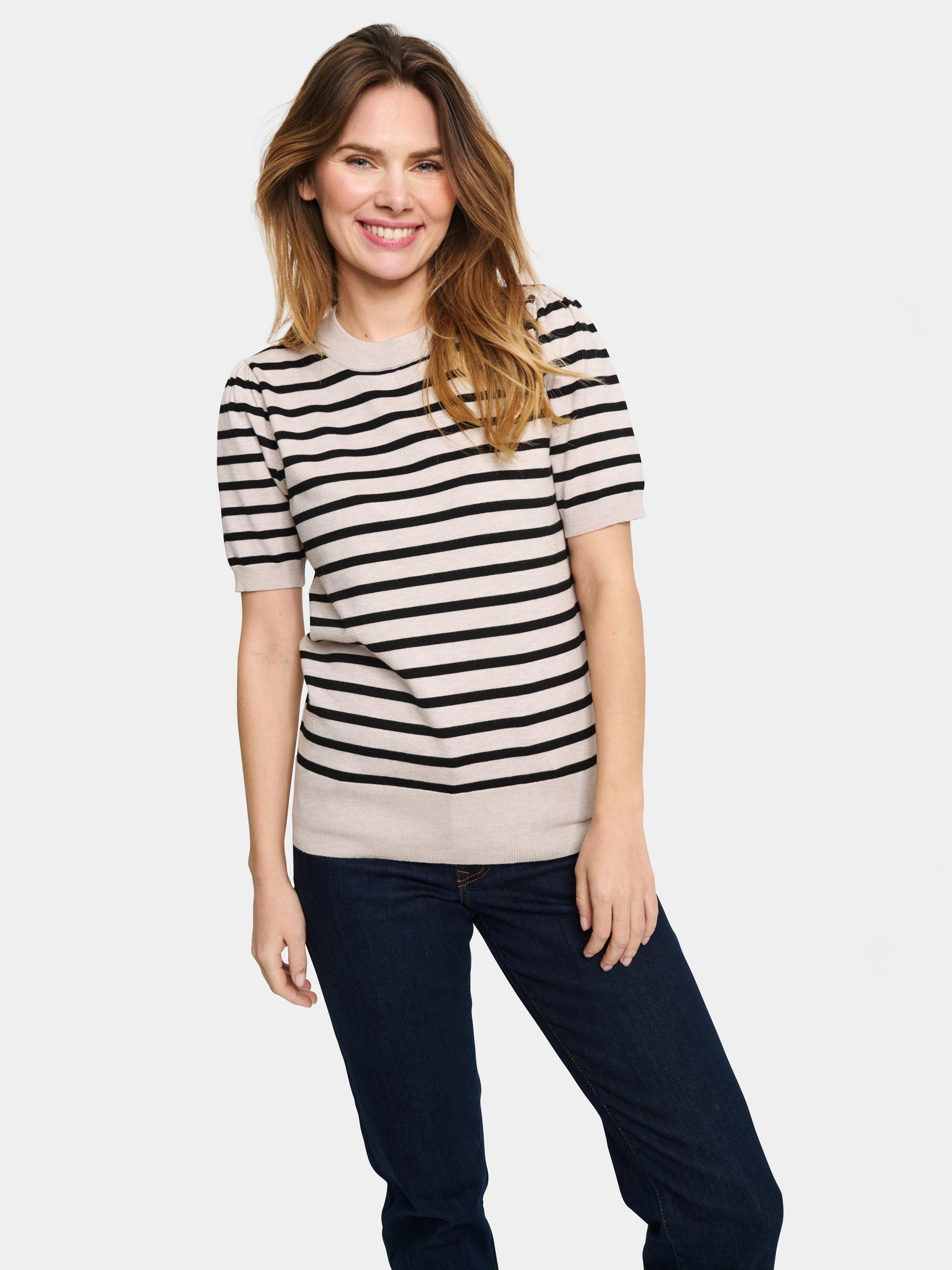 Product image 7 of 8, which shows Saint Tropez Mila Stripe Short Sleeve Knit, Soft Grey/Black, XS