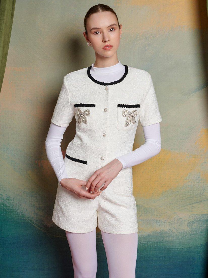 Sister Jane Short Sleeve Solo Tweed Embellished Bow Playsuit, Ivory