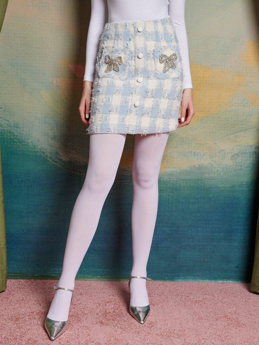 Sister Jane Coranto Embellished Bow Check Tweed Mini Skirt, Blue