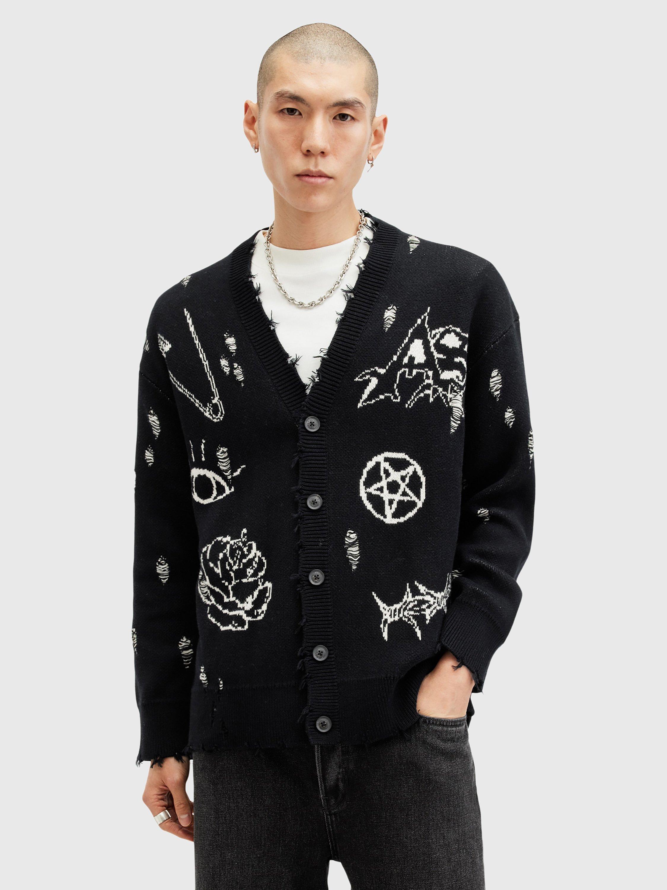 Product image 1 of 10, which shows AllSaints Koto Cardigan, Black/Chalk White, S