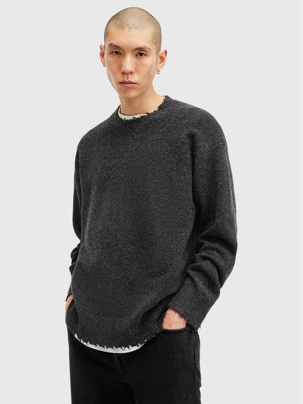 AllSaints Luka Distressed Crew Neck Jumper, Nearly Black, Black Nearly Black