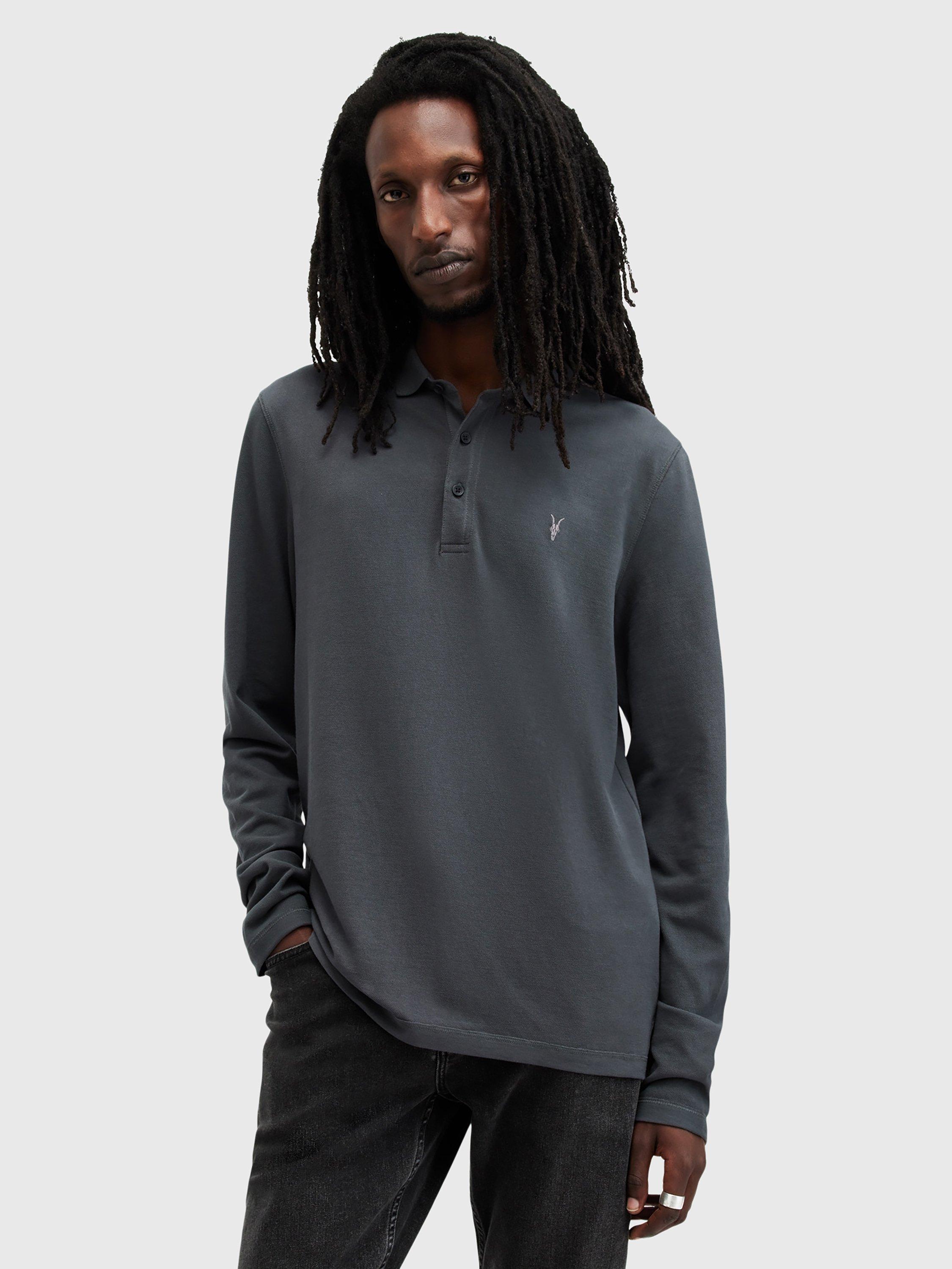 Product image 1 of 5, which shows AllSaints Reform Long Sleeve Polo Shirt, Blue Mid, XS