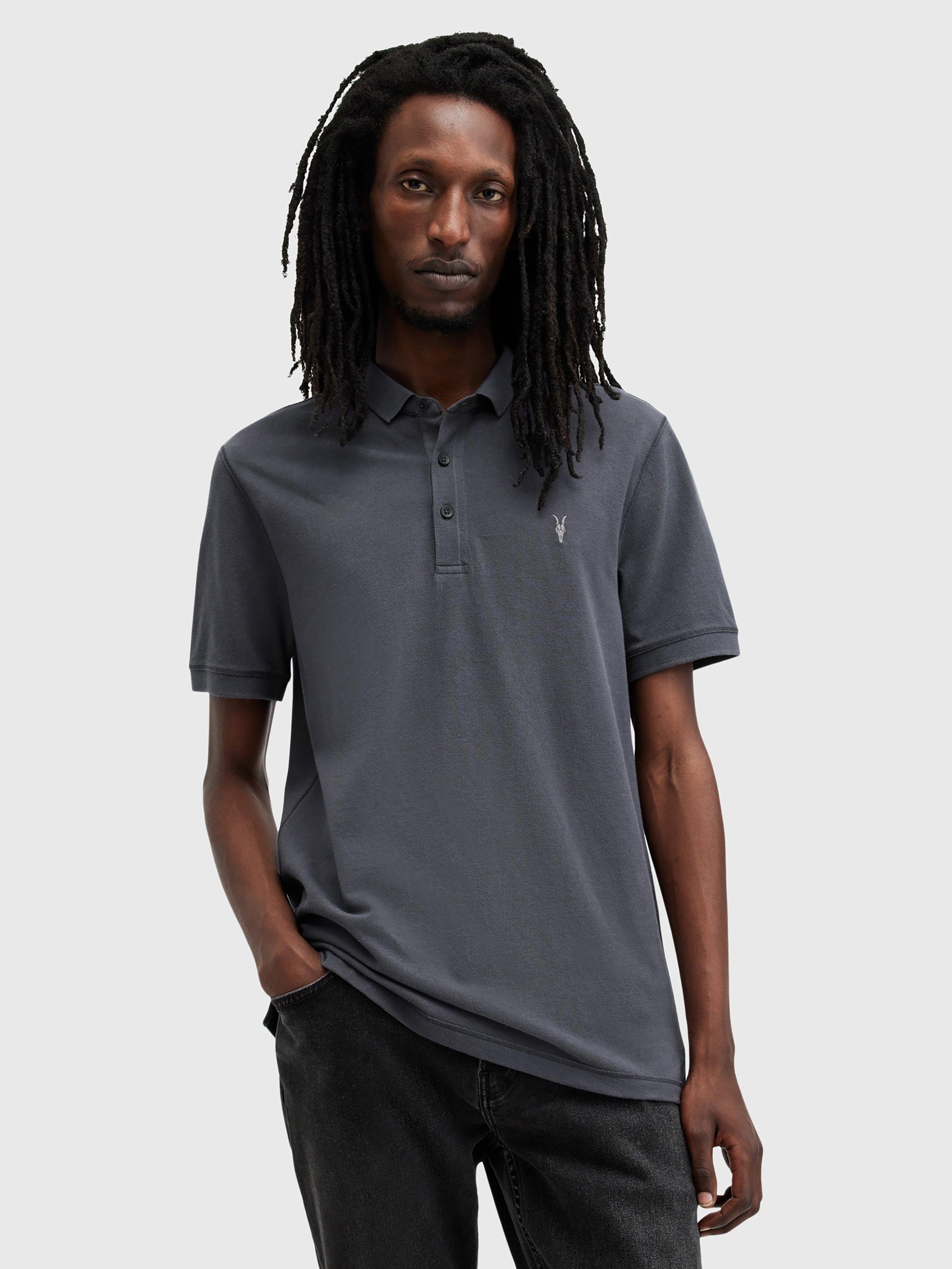 Product image 1 of 6, which shows AllSaints Reform Short Sleeve Polo Shirt, Blue Mid, XS