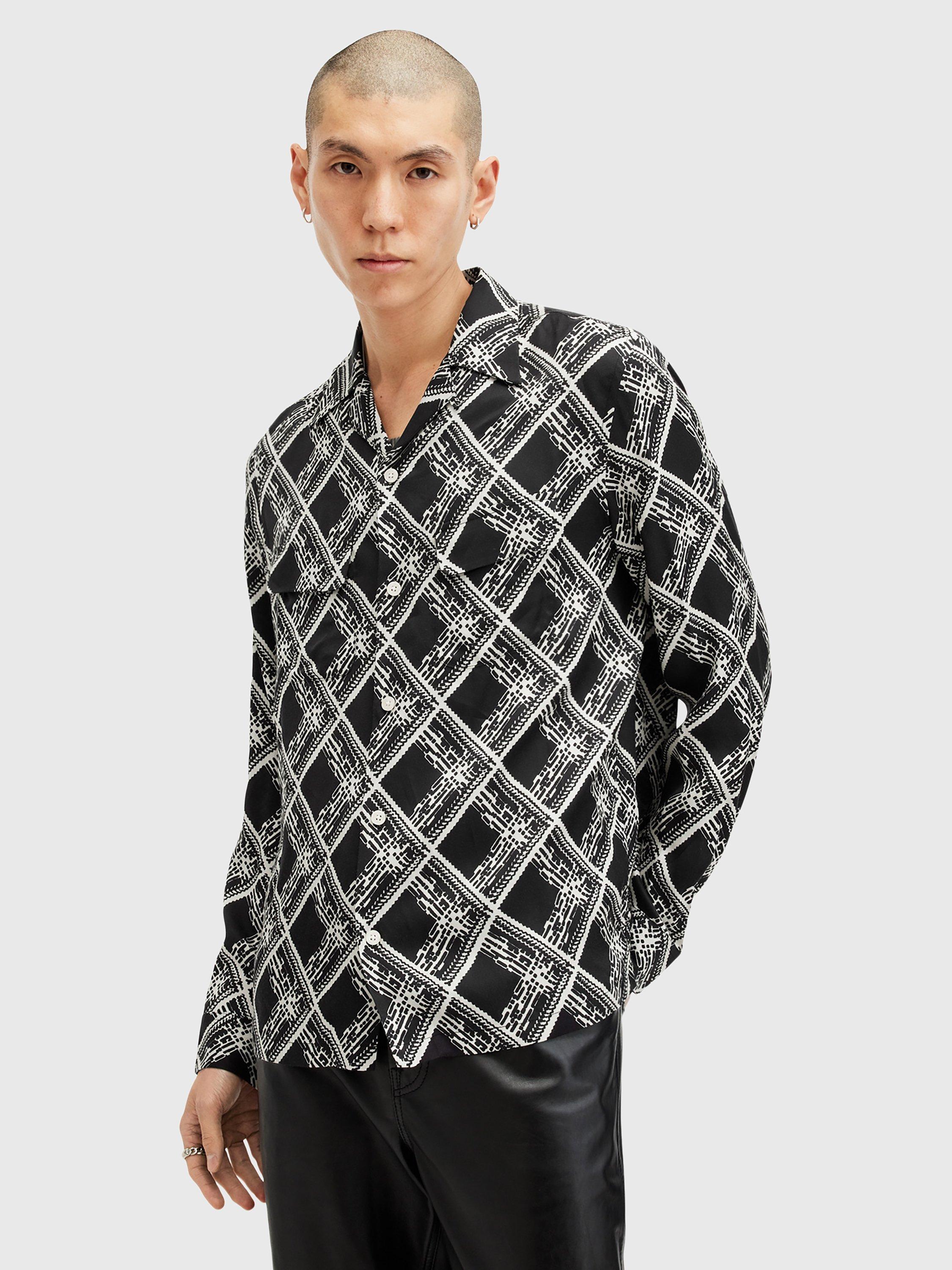 Product image 1 of 6, which shows AllSaints Grid Print Regular Fit Shirt, Black Black, L