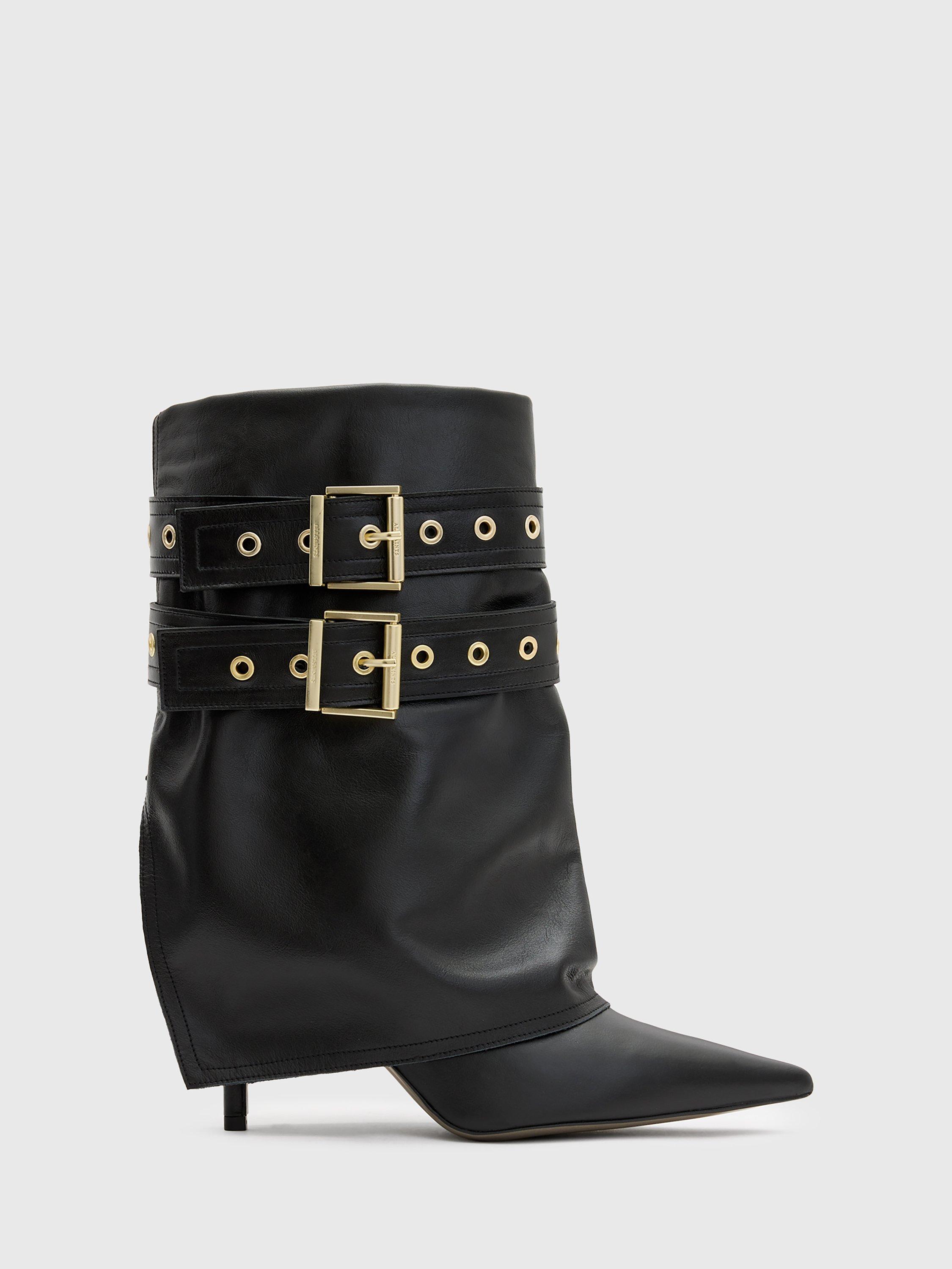 AllSaints Dua Leather Fold Over Buckle Calf Boots, Black