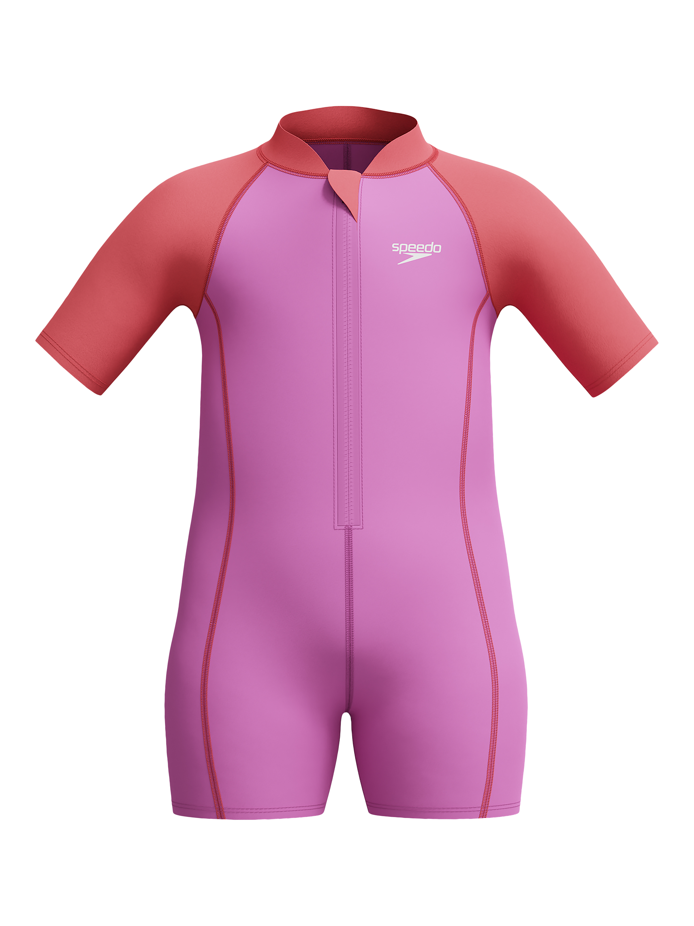 Product image 1 of 5, which shows Speedo Kids' Neoprene Shortie Wetsuit, Neon Violet/Coral, 6-9 months