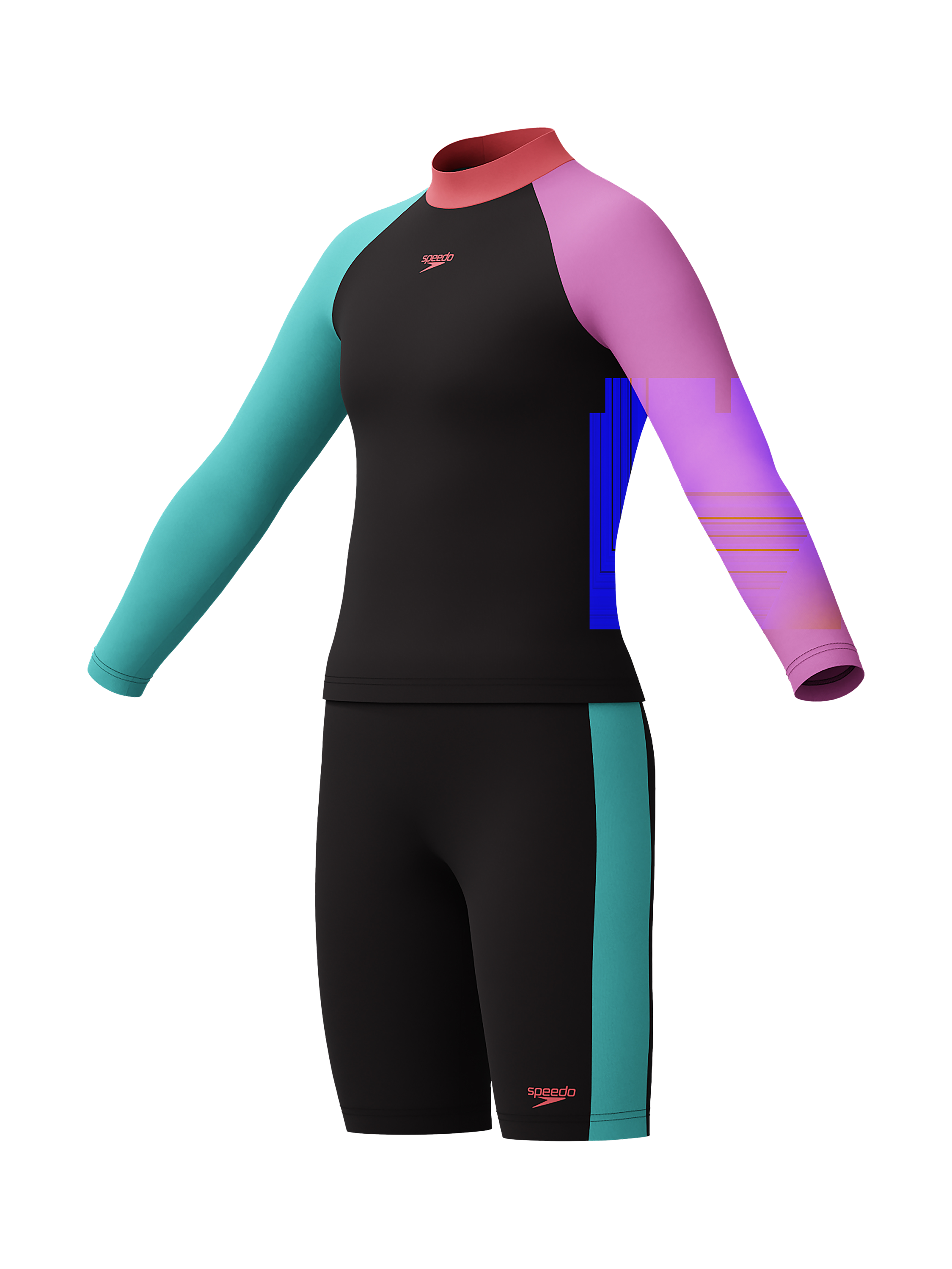 Product image 3 of 6, which shows Speedo Kids' Colour Block Long-Sleeve Rash Top & Jammer Swim Shorts Set, Neon Violet, 5-6 years