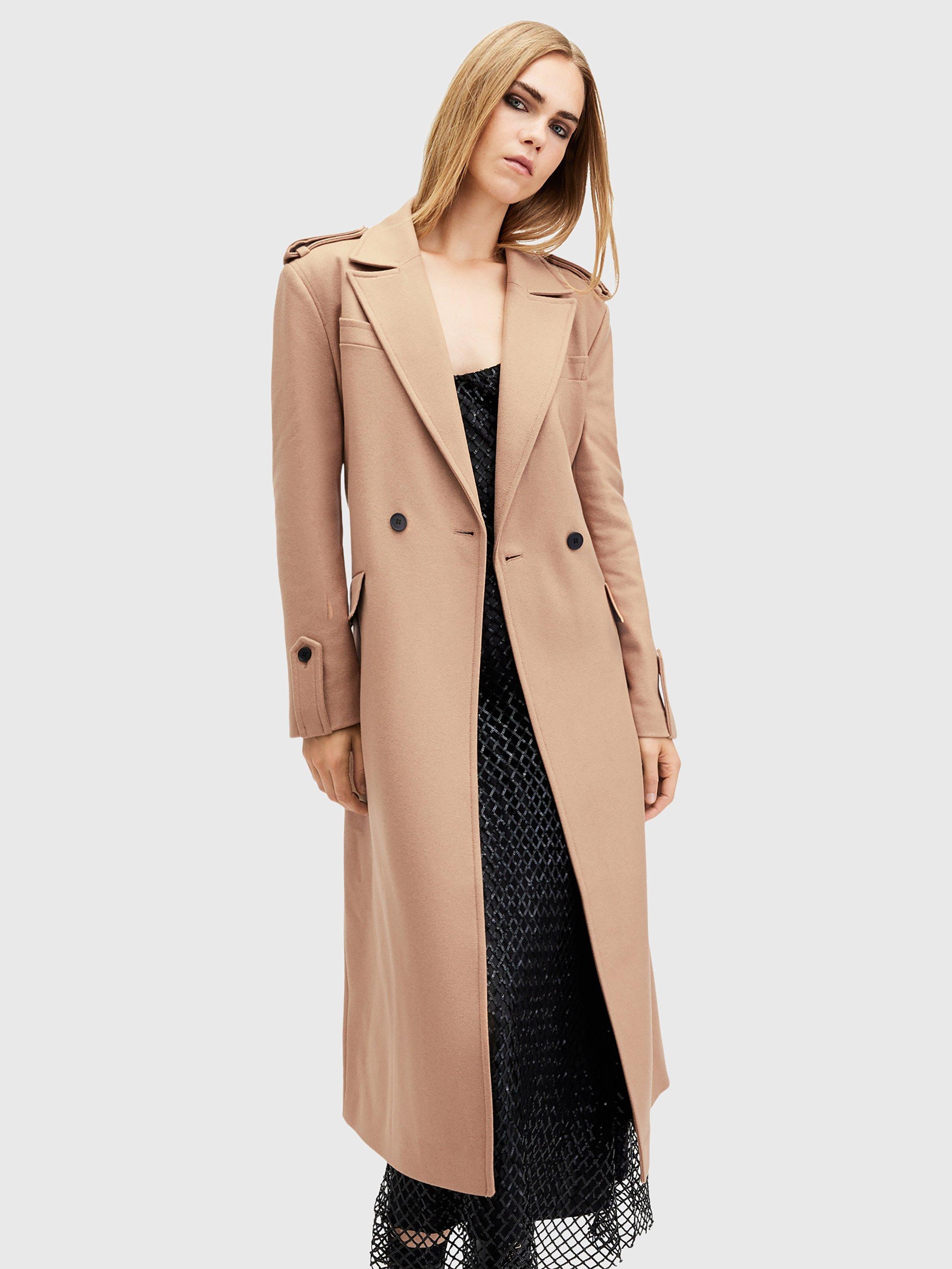 AllSaints Augusta Wool Blend Trench Coat Camel