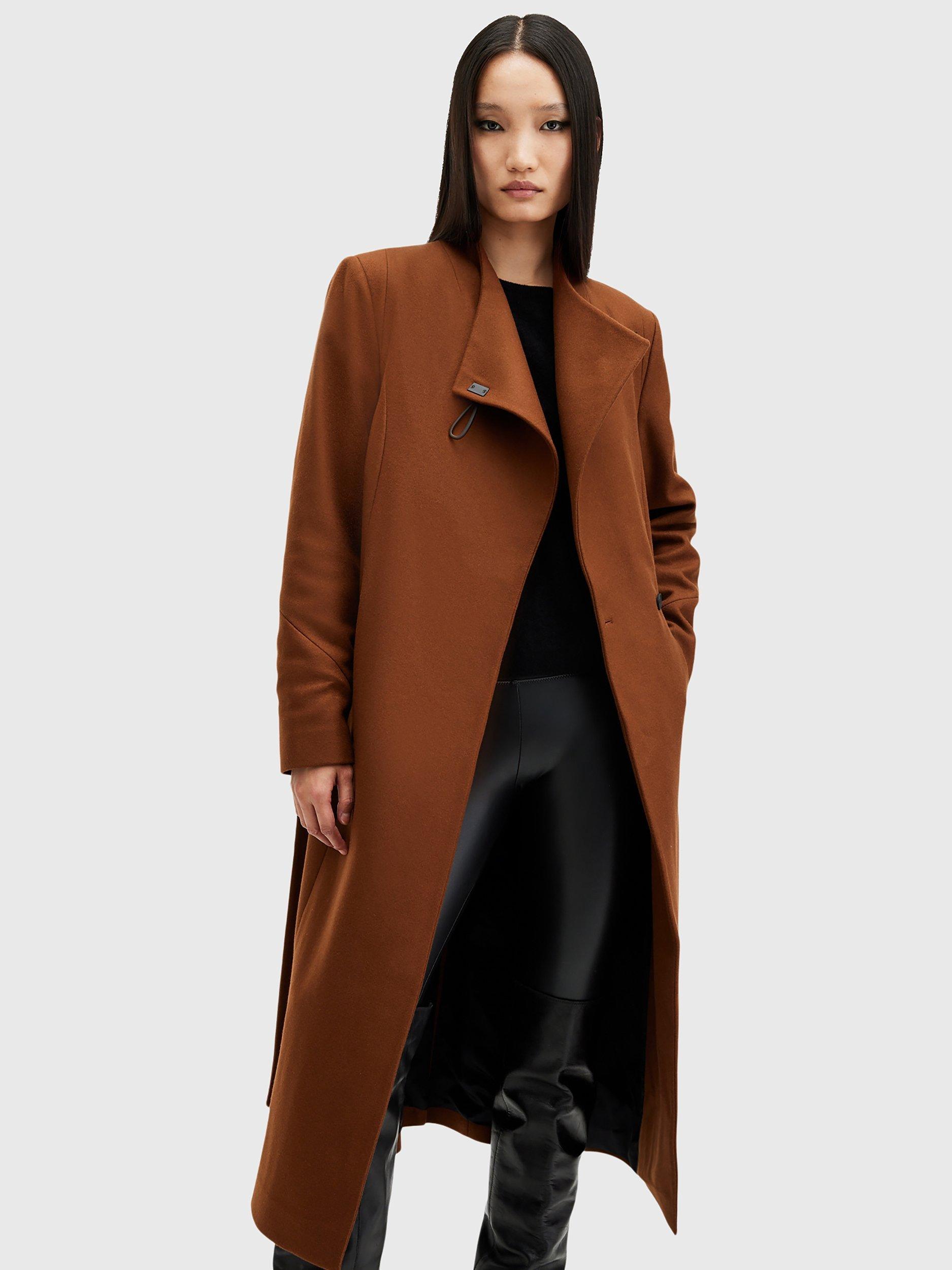 AllSaints Riley Wrap Around Belted Long Line Wool Blend Coat Sugar Brown