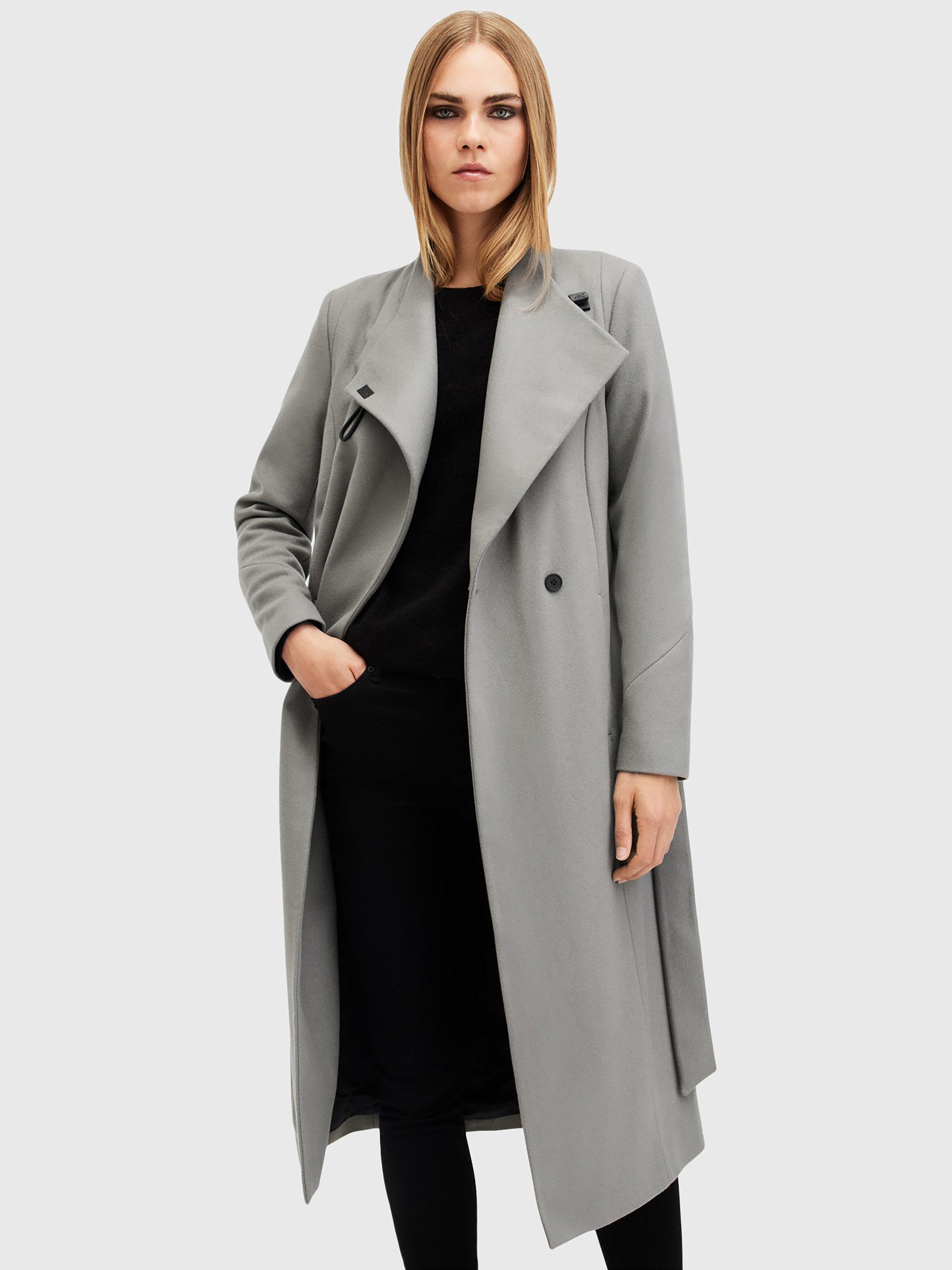 AllSaints Riley Wrap Around Belted Long Line Wool Blend Coat