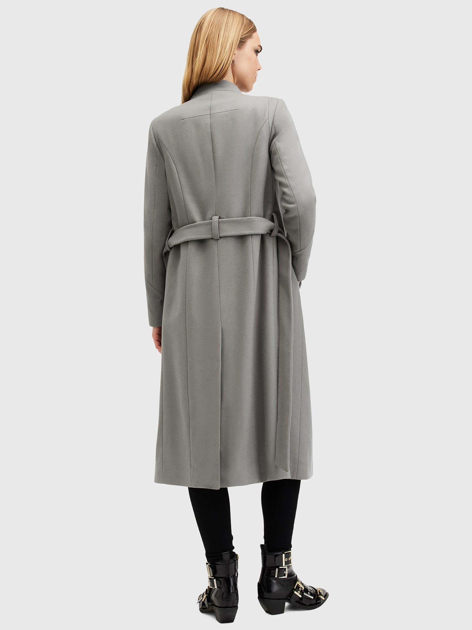 AllSaints Riley Wrap Around Belted Long Line Wool Blend Coat Ultimate Grey