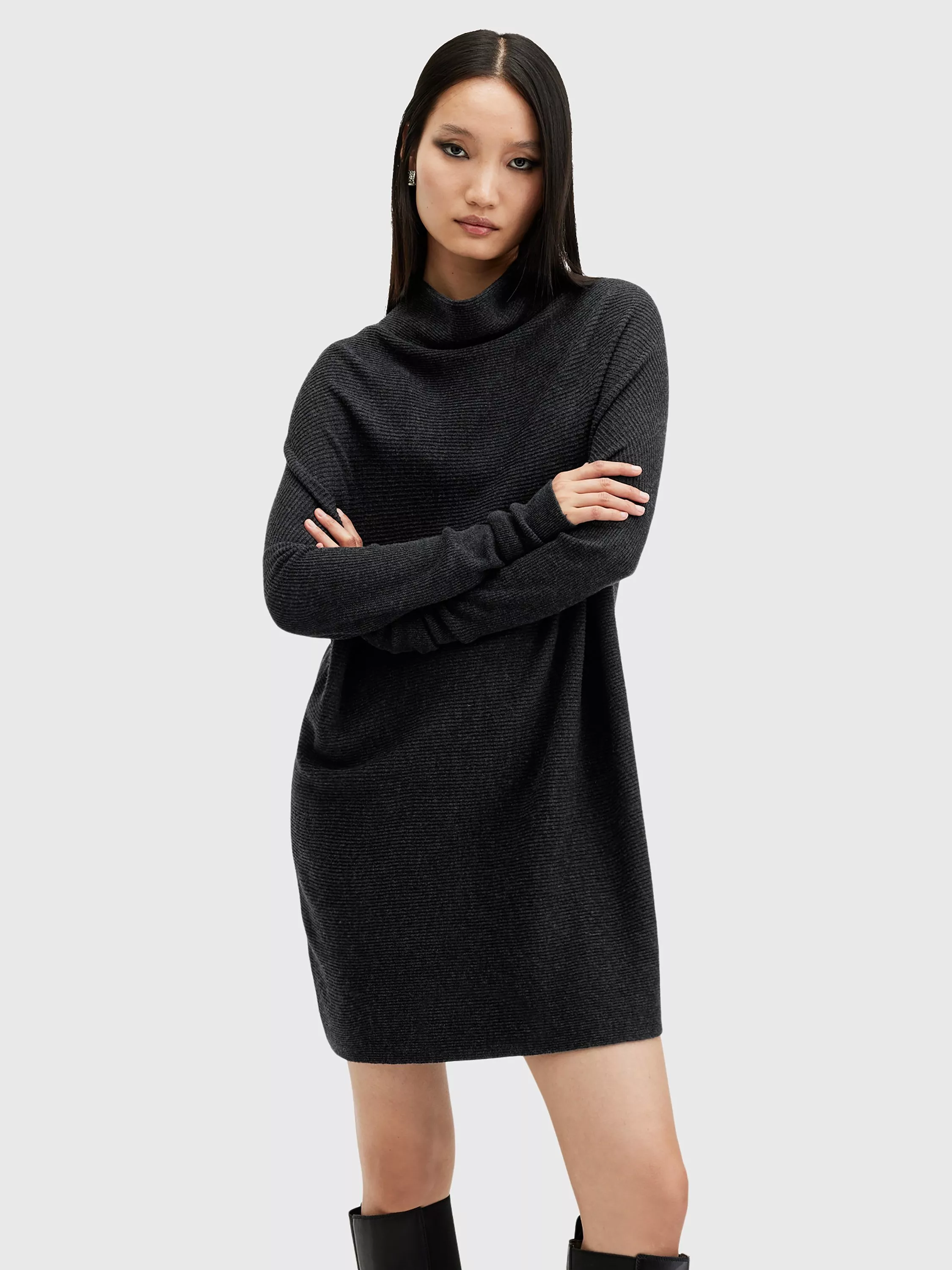 AllSaints Ridley Wool Cashmere Jumper Dress, Cinder Black Marl