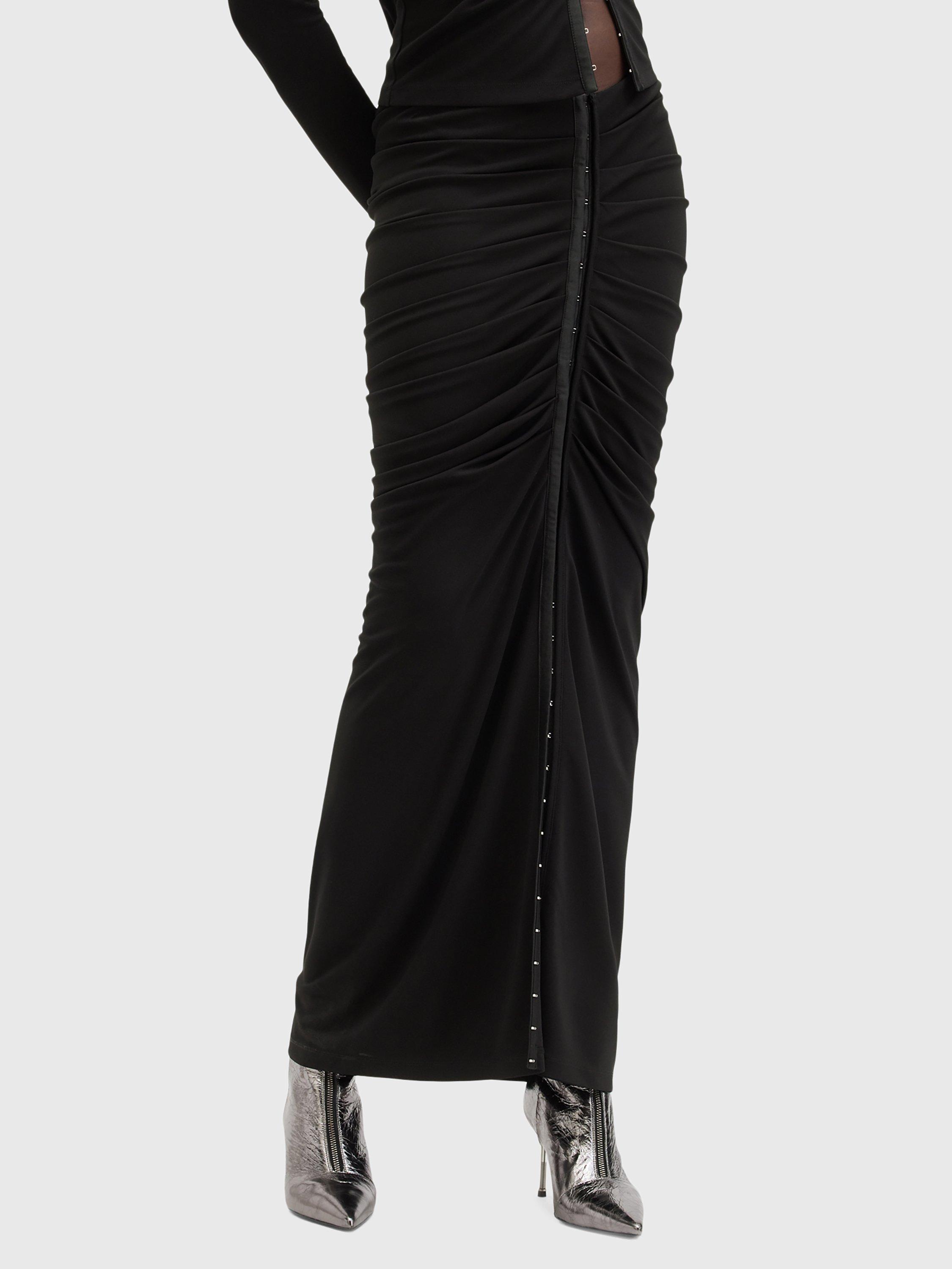 Product image 1 of 8, which shows AllSaints Cadell Ruched Maxi Skirt, Black, 12