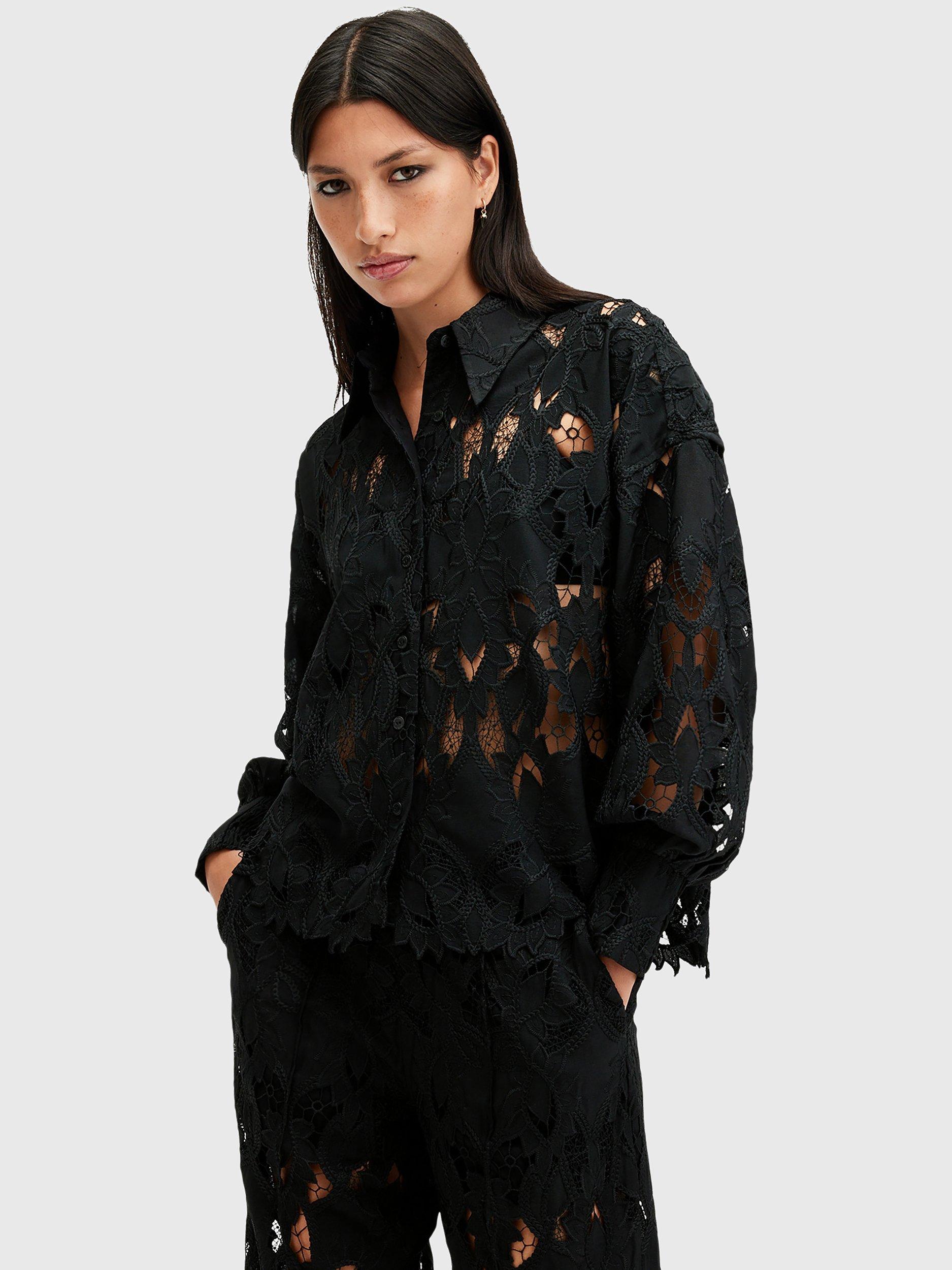 Product image 1 of 5, which shows AllSaints Charli Floral Embroidered Shirt, Black, 8