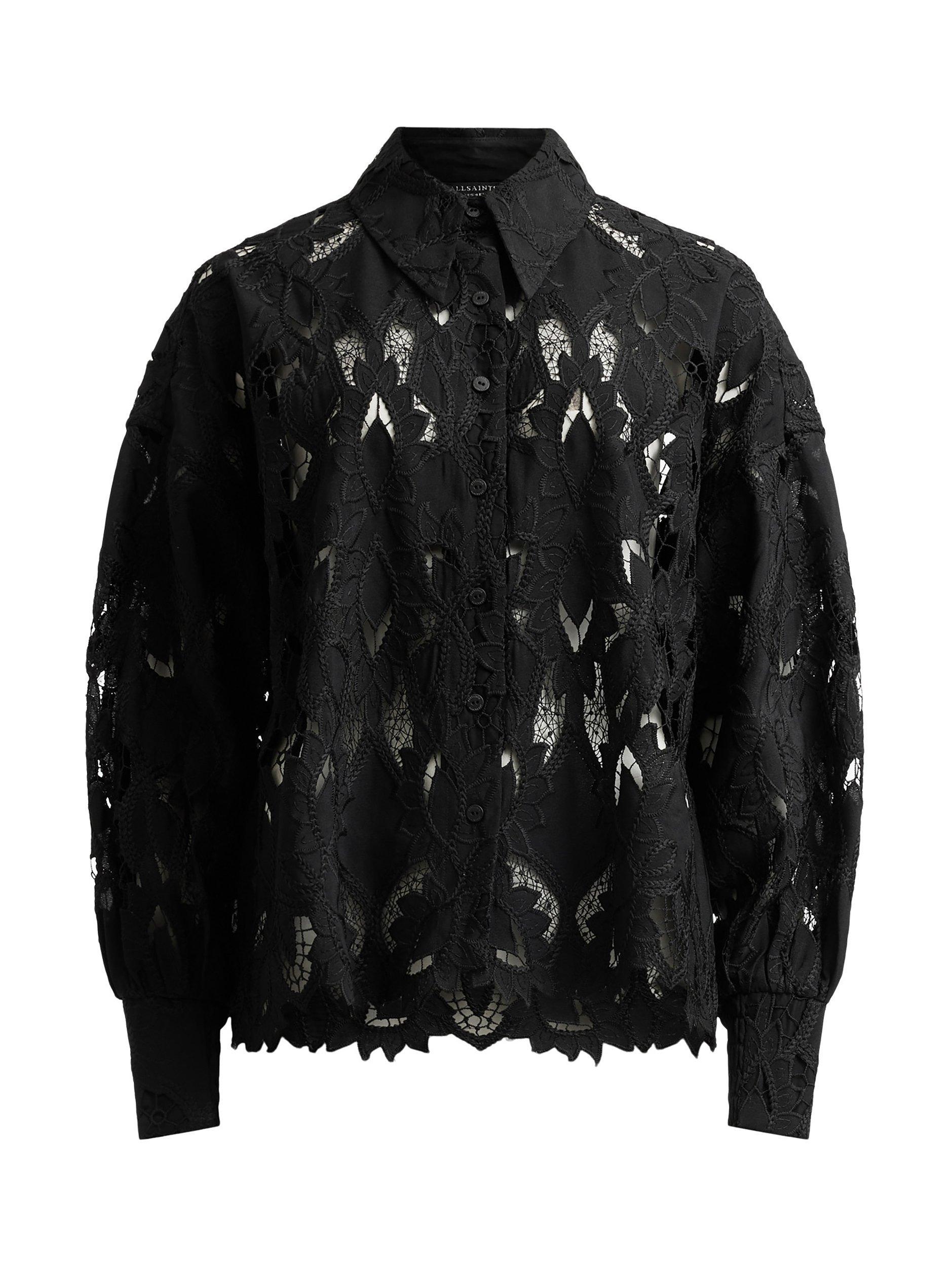 Product image 2 of 5, which shows AllSaints Charli Floral Embroidered Shirt, Black, 8