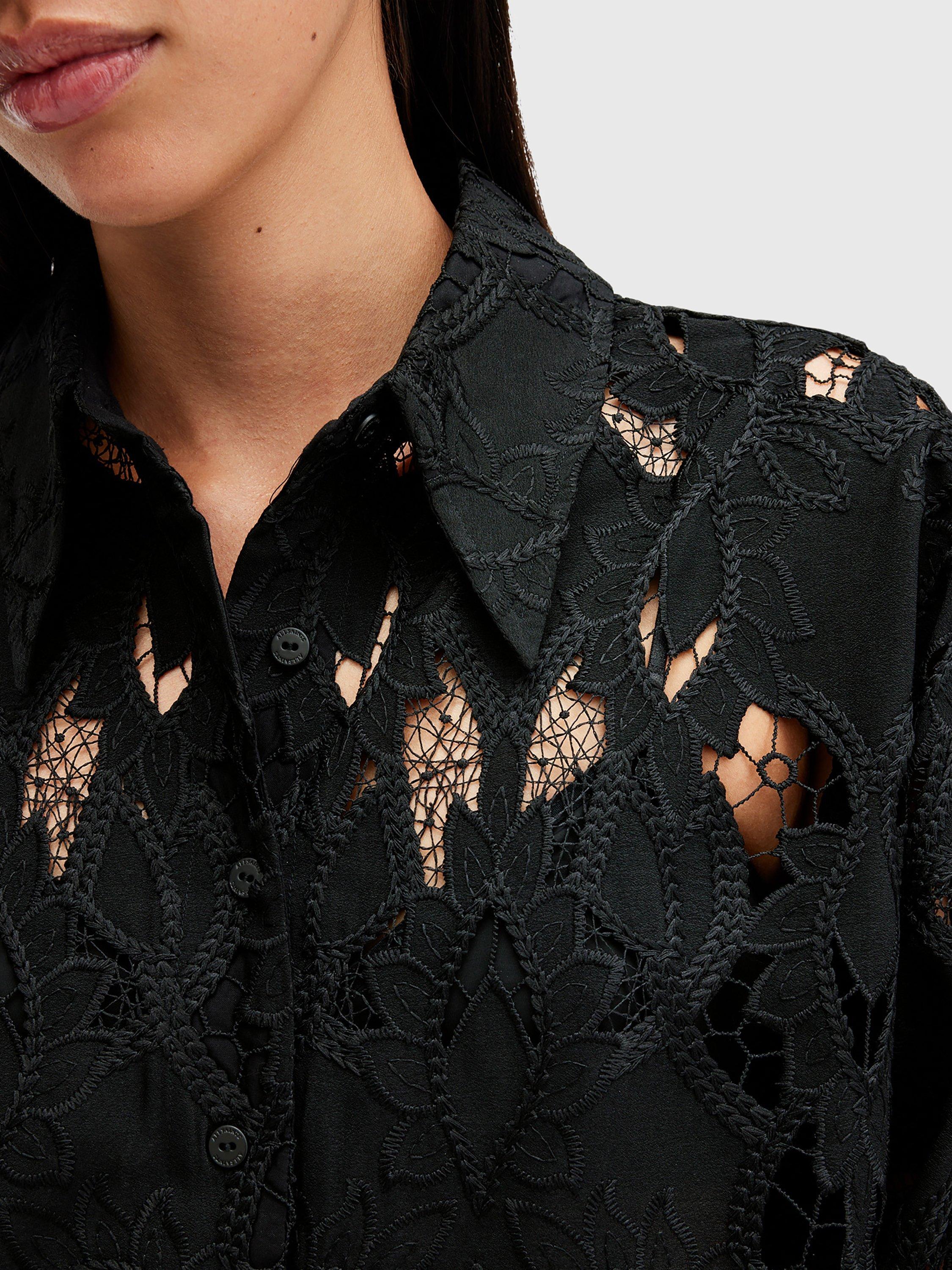 Product image 3 of 5, which shows AllSaints Charli Floral Embroidered Shirt, Black, 8