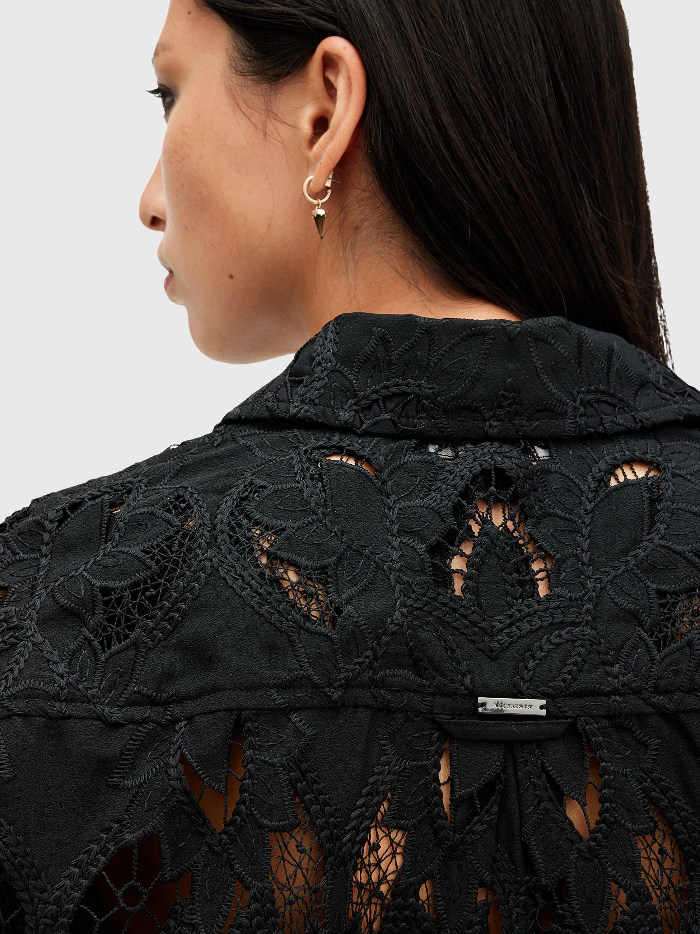 Product image 4 of 5, which shows AllSaints Charli Floral Embroidered Shirt, Black, 8