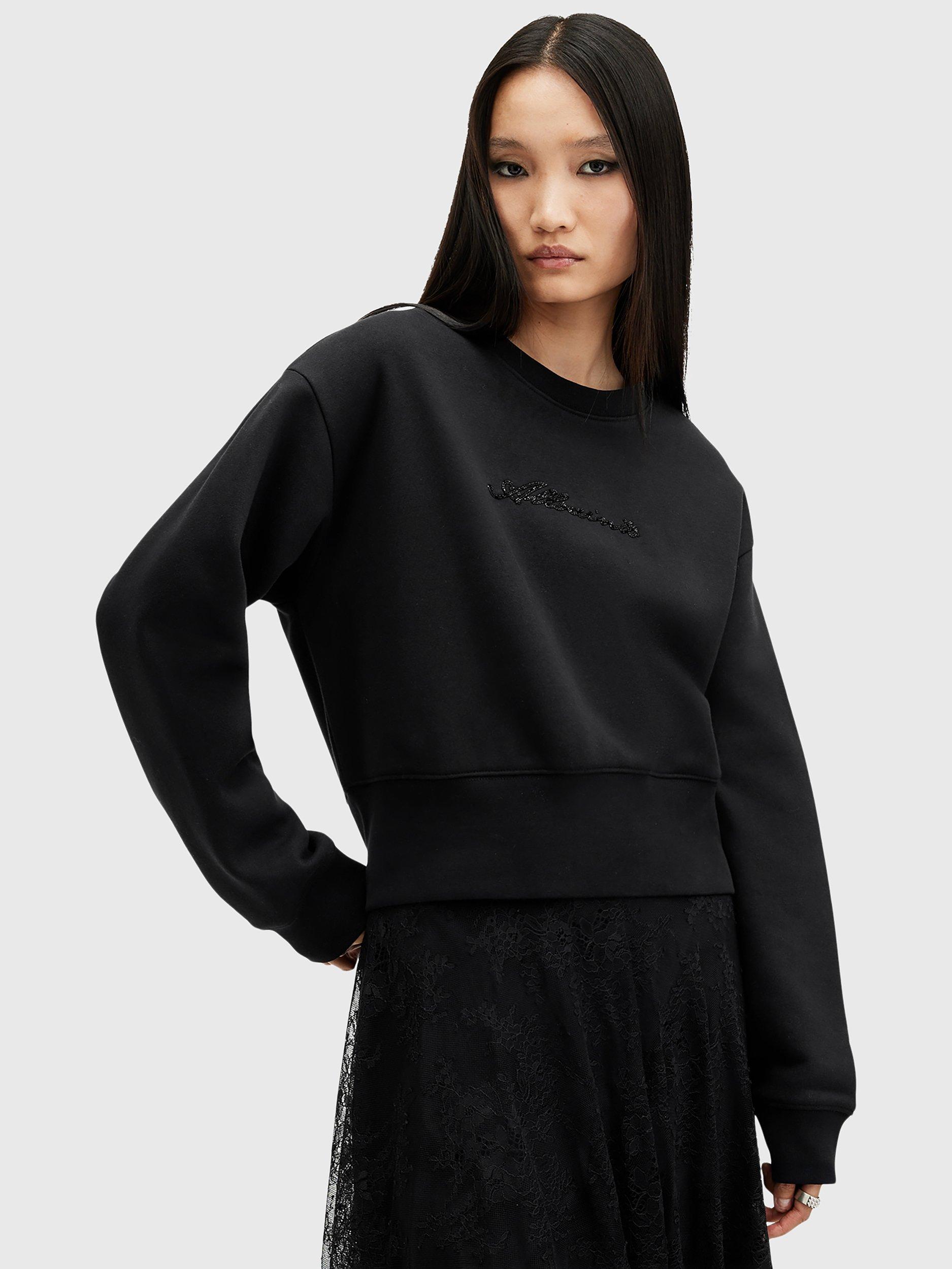 AllSaints Fern Embroidered Logo Organic Cotton Blend Sweatshirt, Black