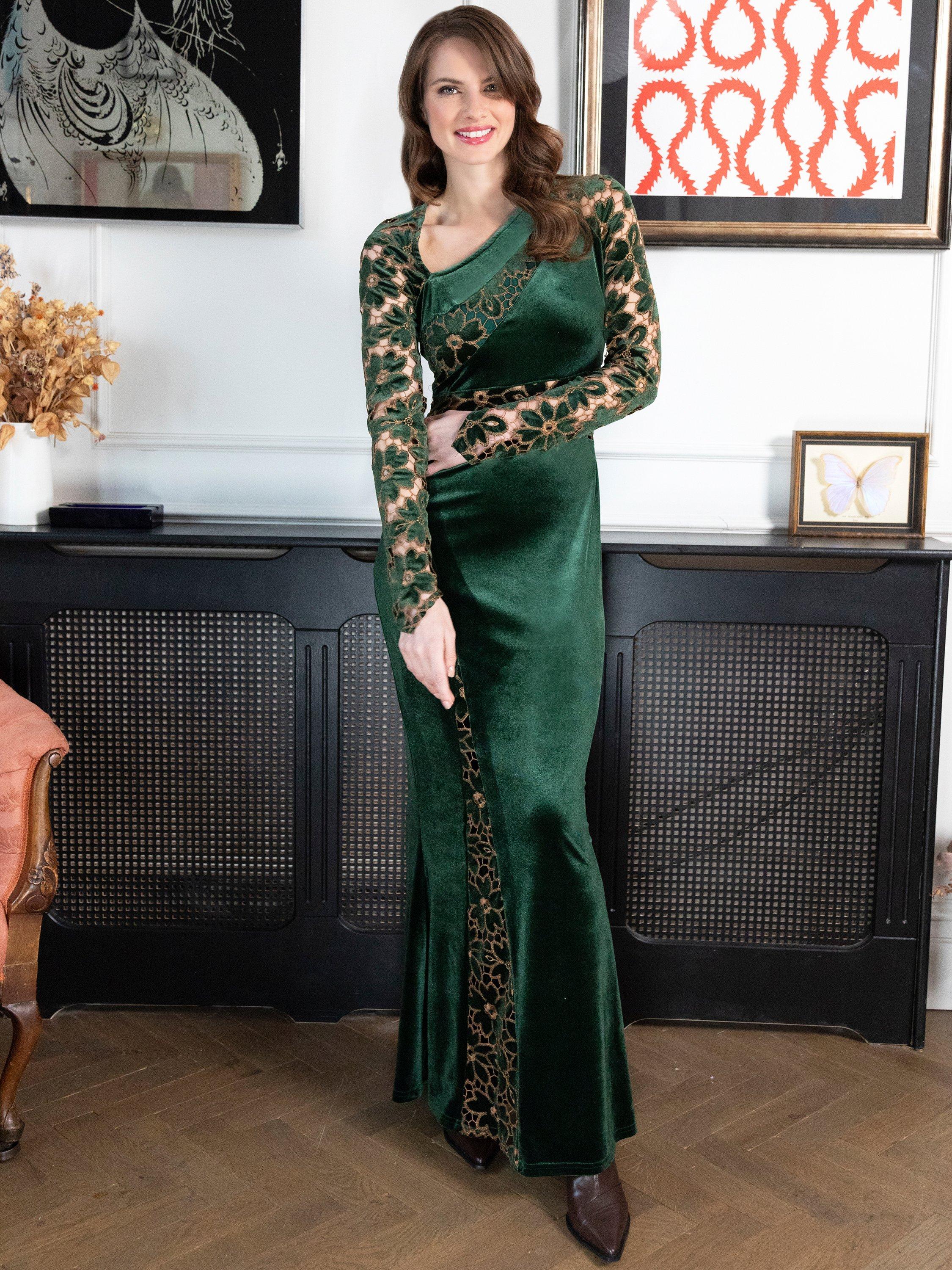 Product image 2 of 6, which shows HotSquash Velvet Embroidered Dress, Olive Green, 8