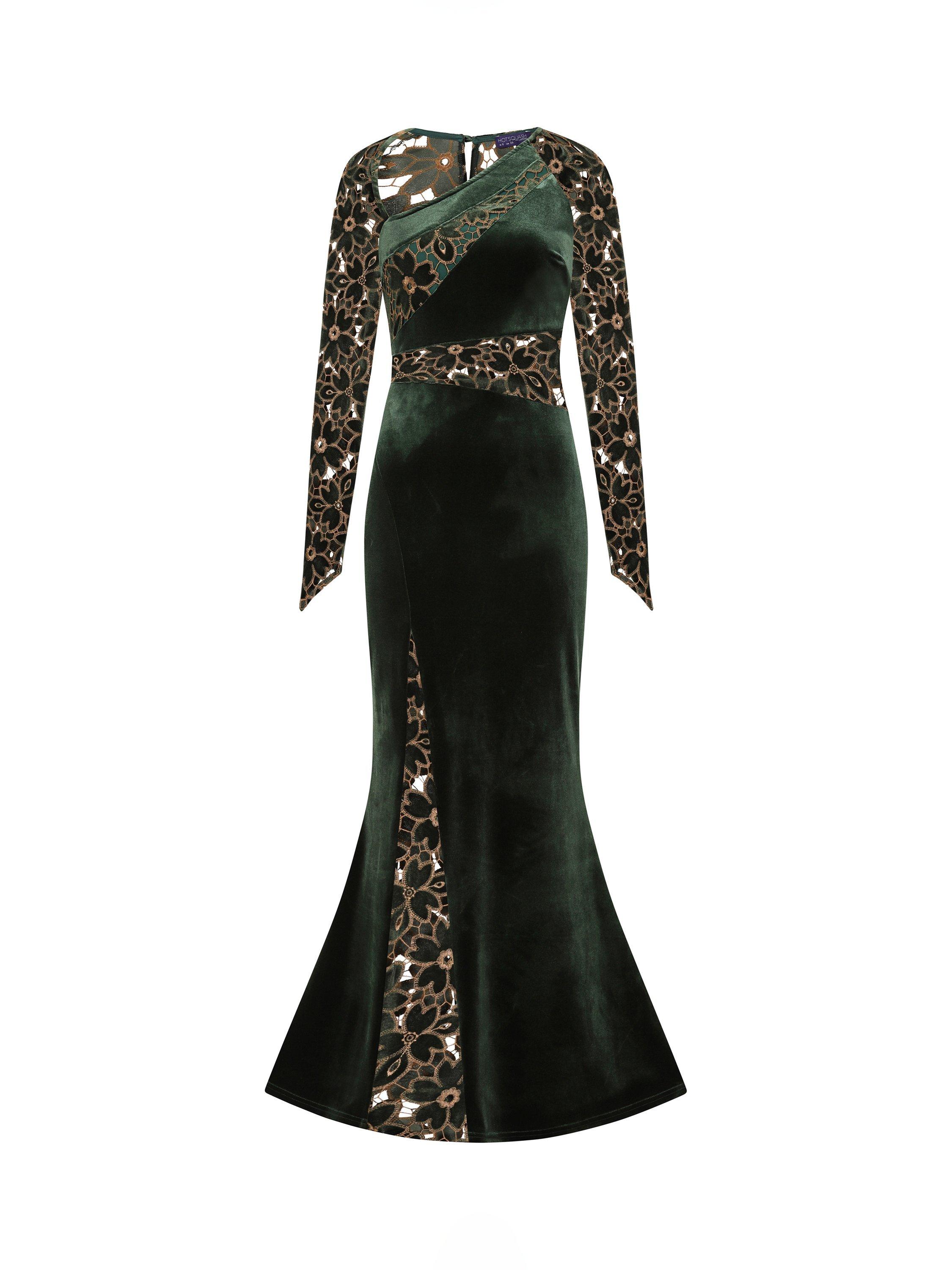 Product image 5 of 6, which shows HotSquash Velvet Embroidered Dress, Olive Green, 8