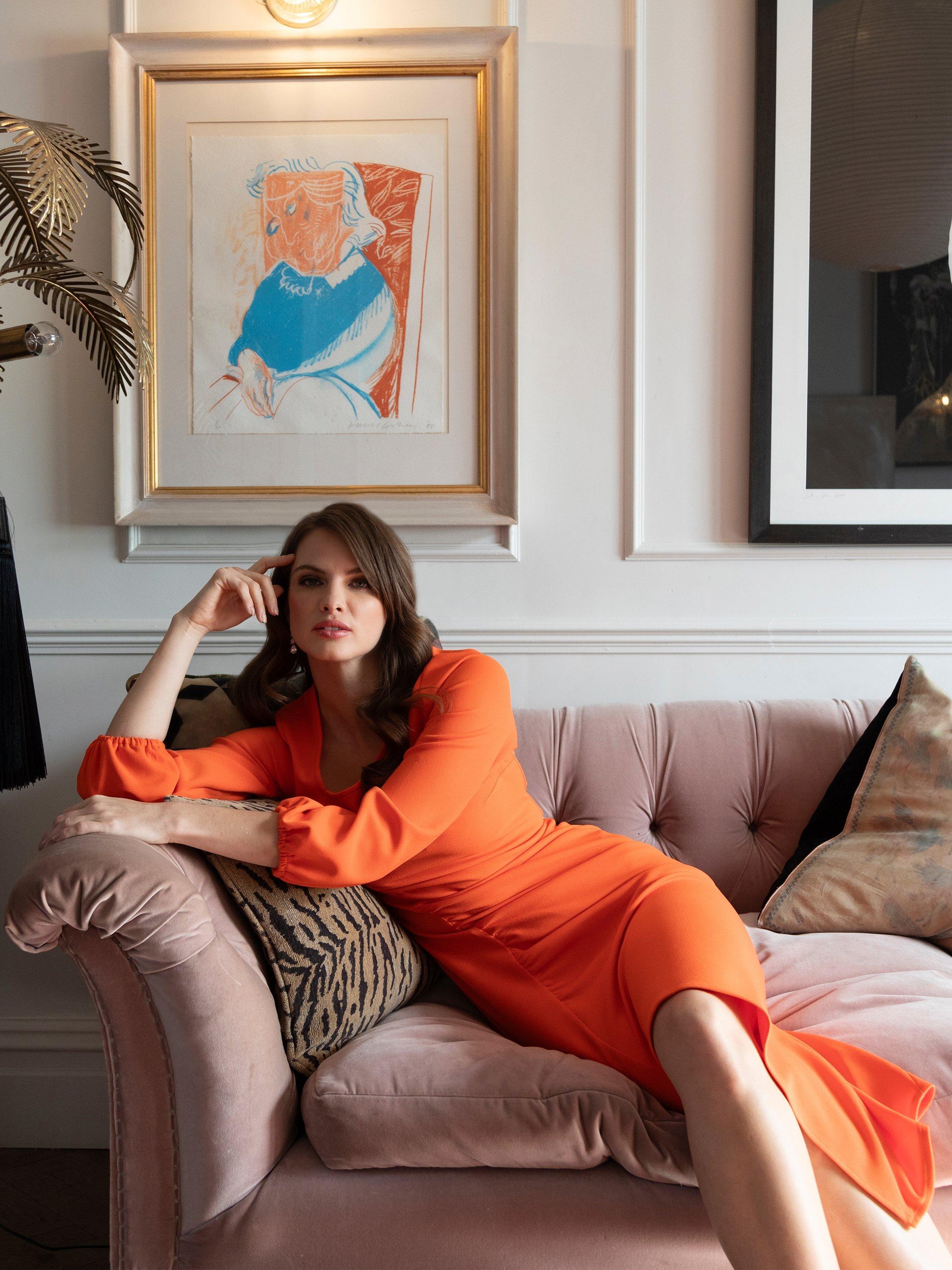 Product image 2 of 7, which shows HotSquash Ruched Scuba Midi Dress, Orange, 8