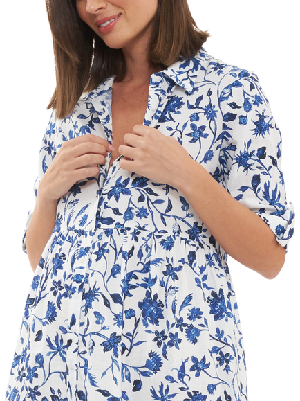 Ripe Bella Linen Blend Maternity Dress, White/Lapis - view 2, White/Lapis