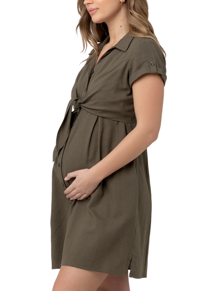 Ripe Colette Tie Up Linen Blend Maternity Dress - view 2, Olive