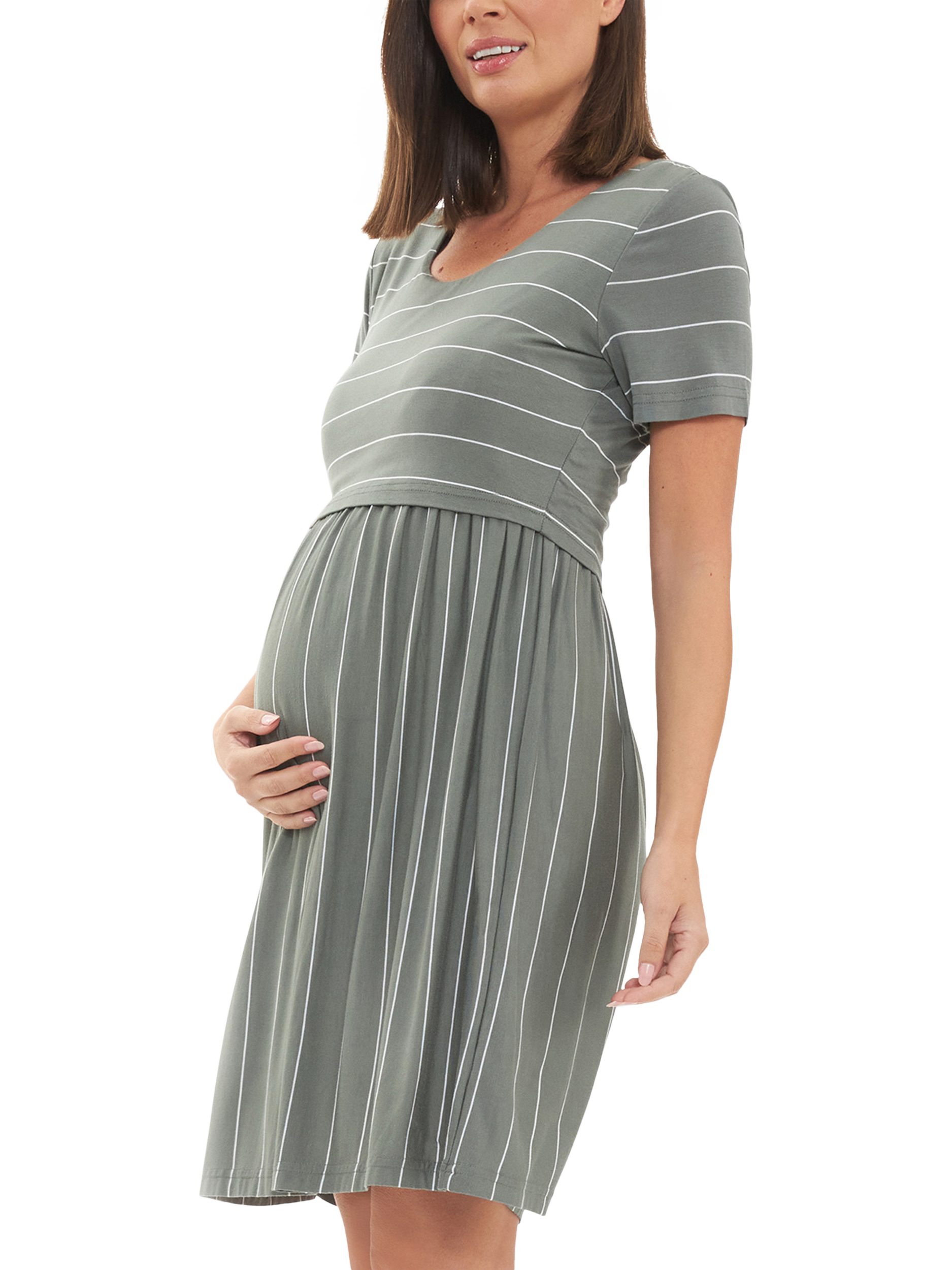 Product image 2 of 5, which shows Ripe Stripe Maternity & Nursing Dress, Olive White, XS