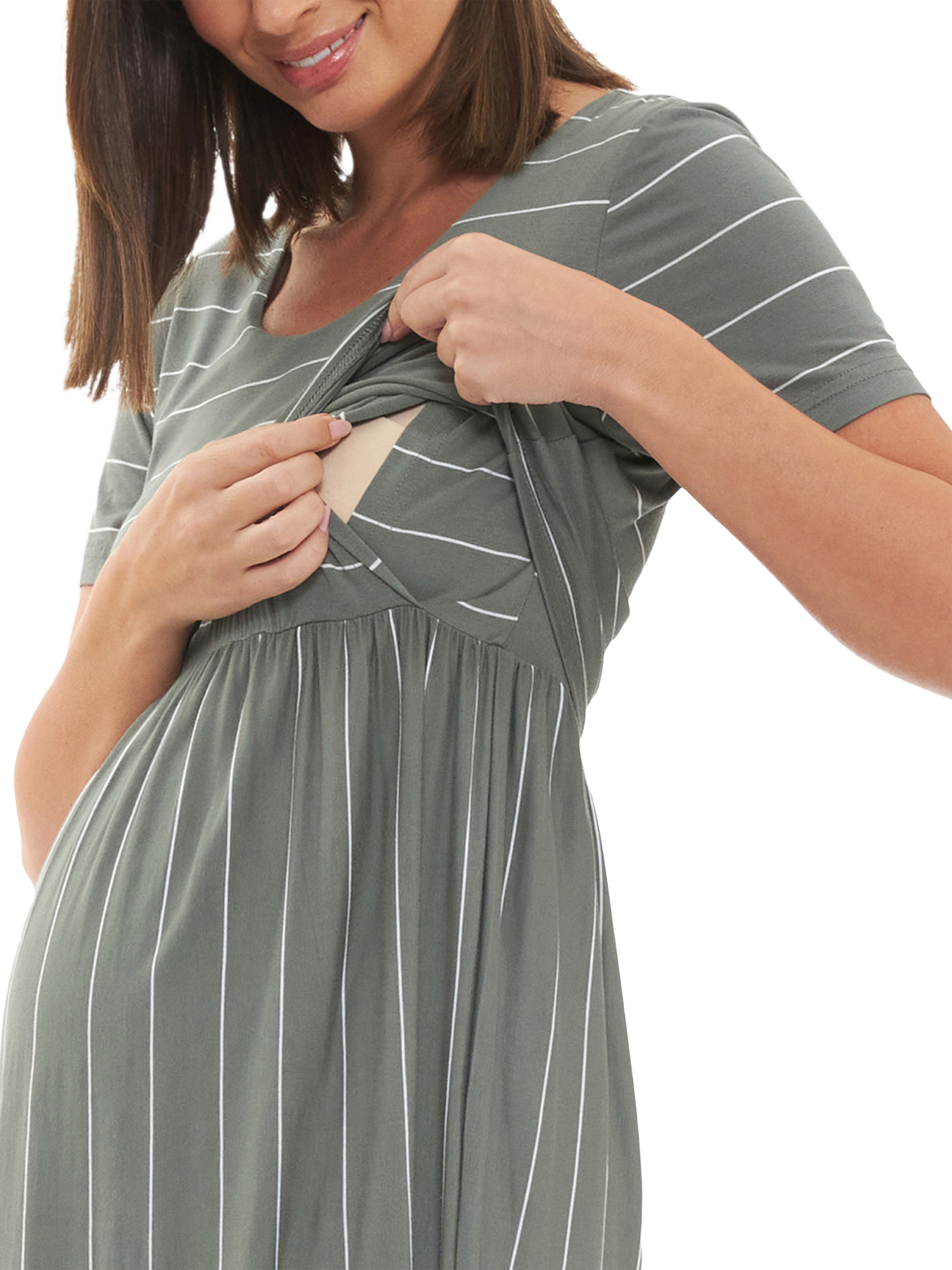Product image 3 of 5, which shows Ripe Stripe Maternity & Nursing Dress, Olive White, XS