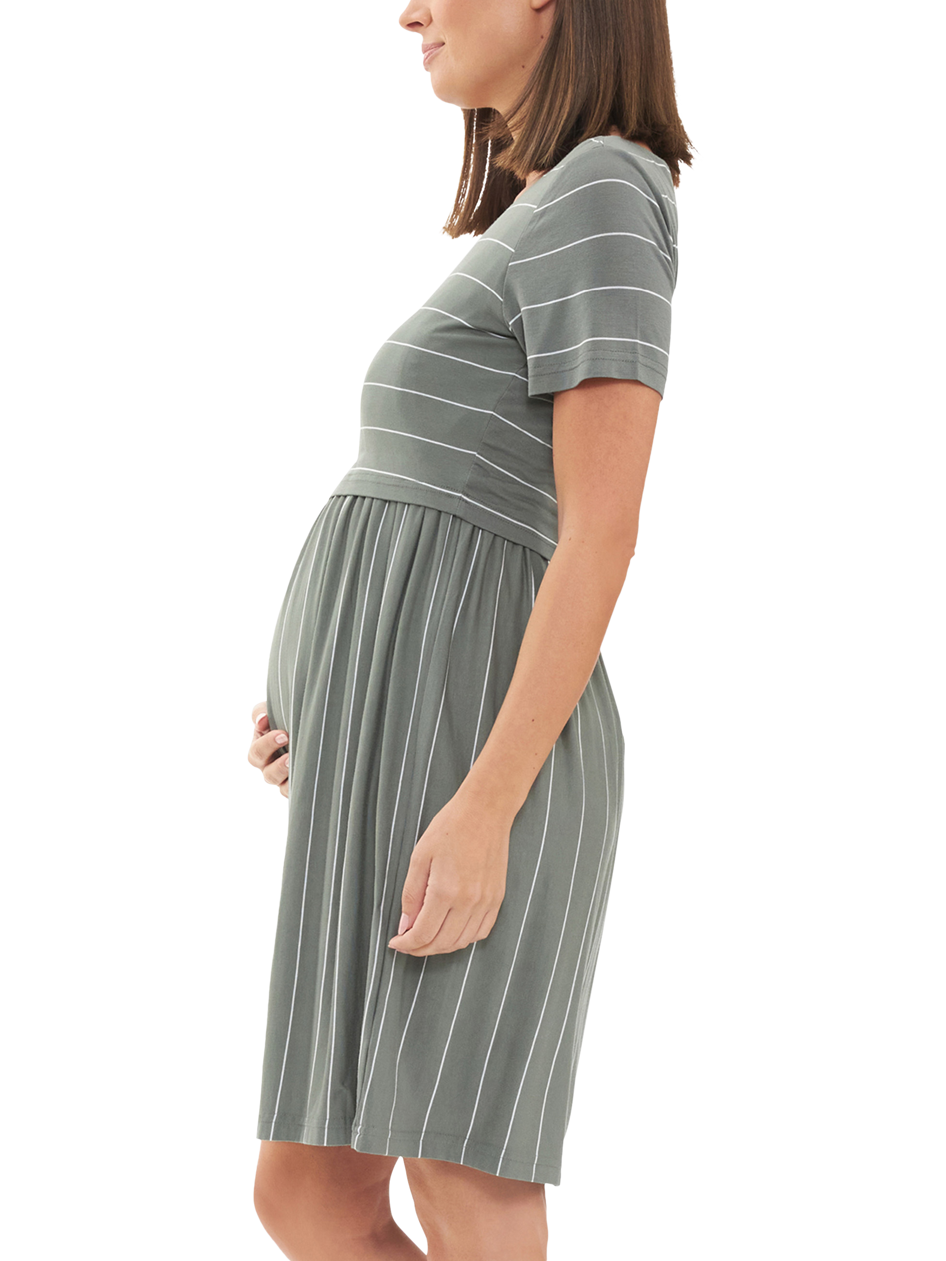 Product image 4 of 5, which shows Ripe Stripe Maternity & Nursing Dress, Olive White, XS