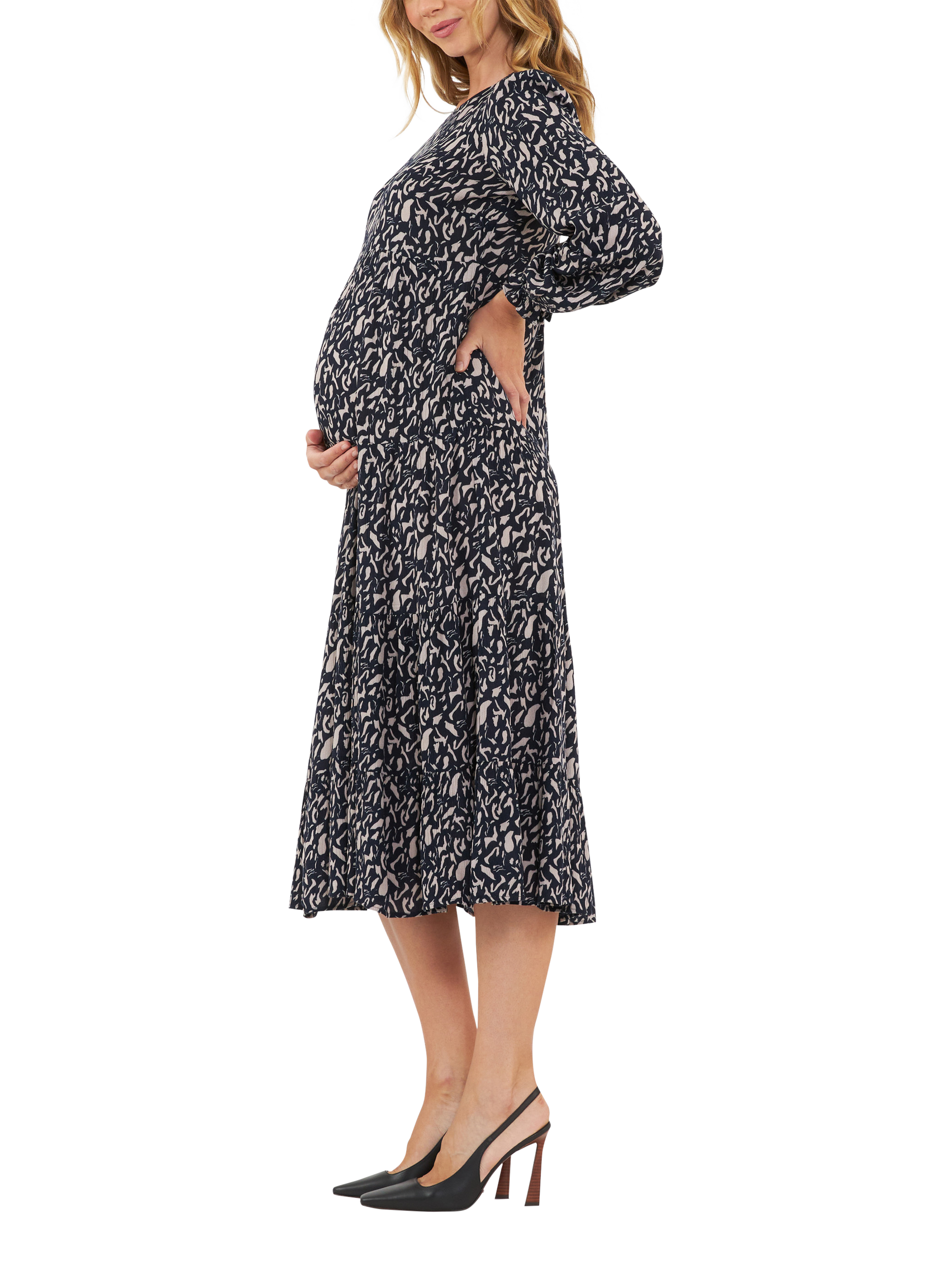 Product image 2 of 6, which shows Ripe Izzie Tiered Maternity Dress, Midnight/Mocha, XS