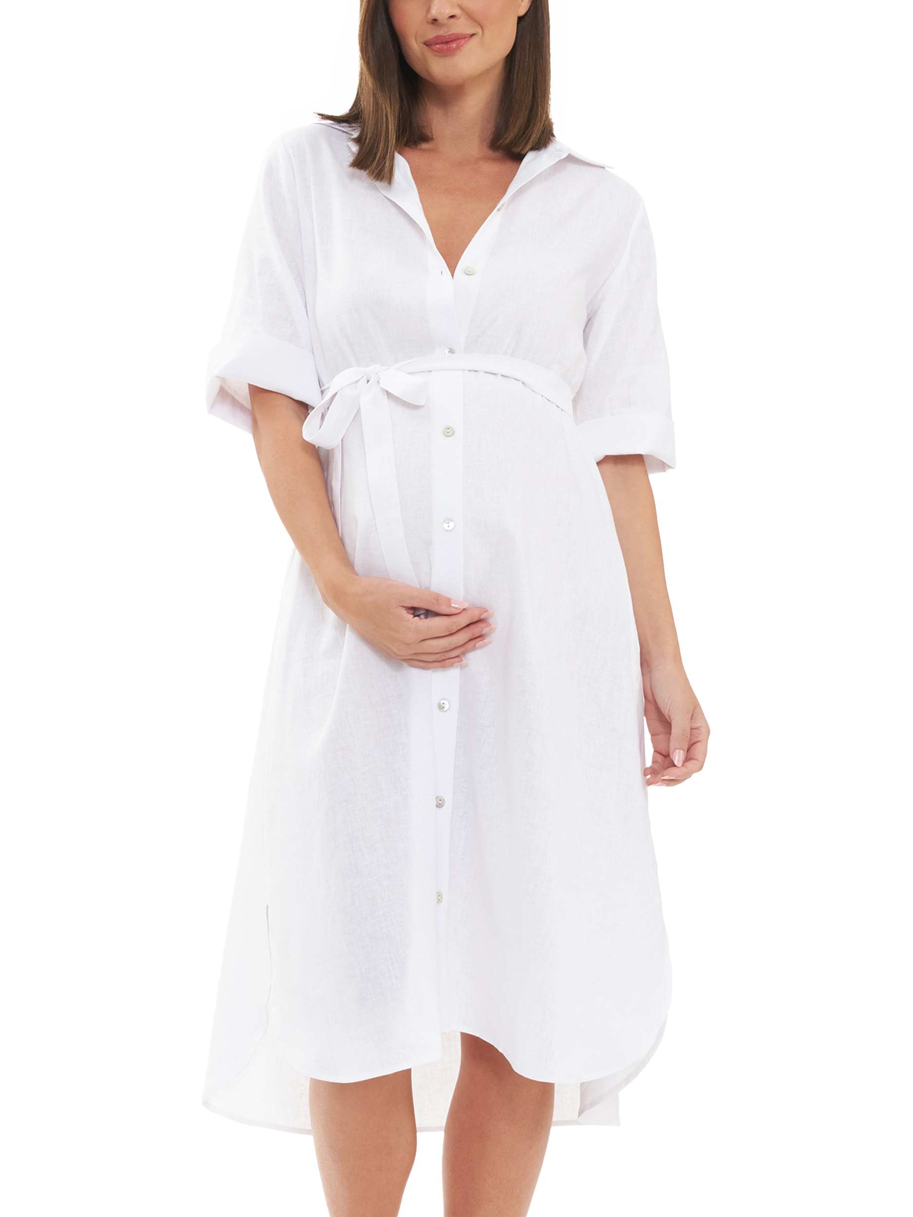 Product image 1 of 6, which shows Ripe Molly Linen Blend Shirt Maternity Dress, White, XS