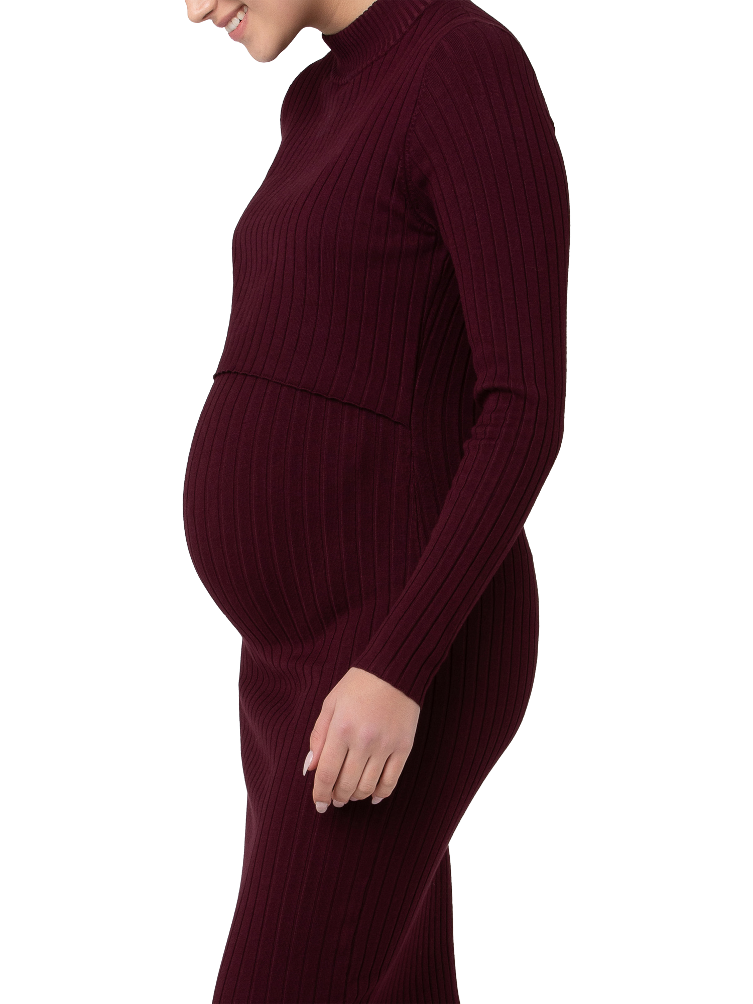 Product image 3 of 7, which shows Ripe Nella Rib Knit Maternity & Nursing Dress, Maroon, XS