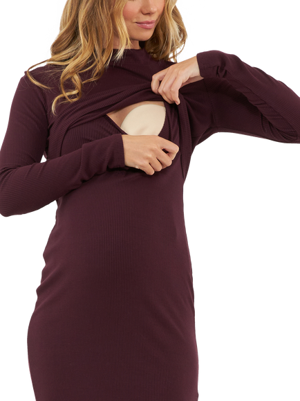 Ripe Ruby Rib Maternity & Nursing Dress, Maroon - view 2, Maroon