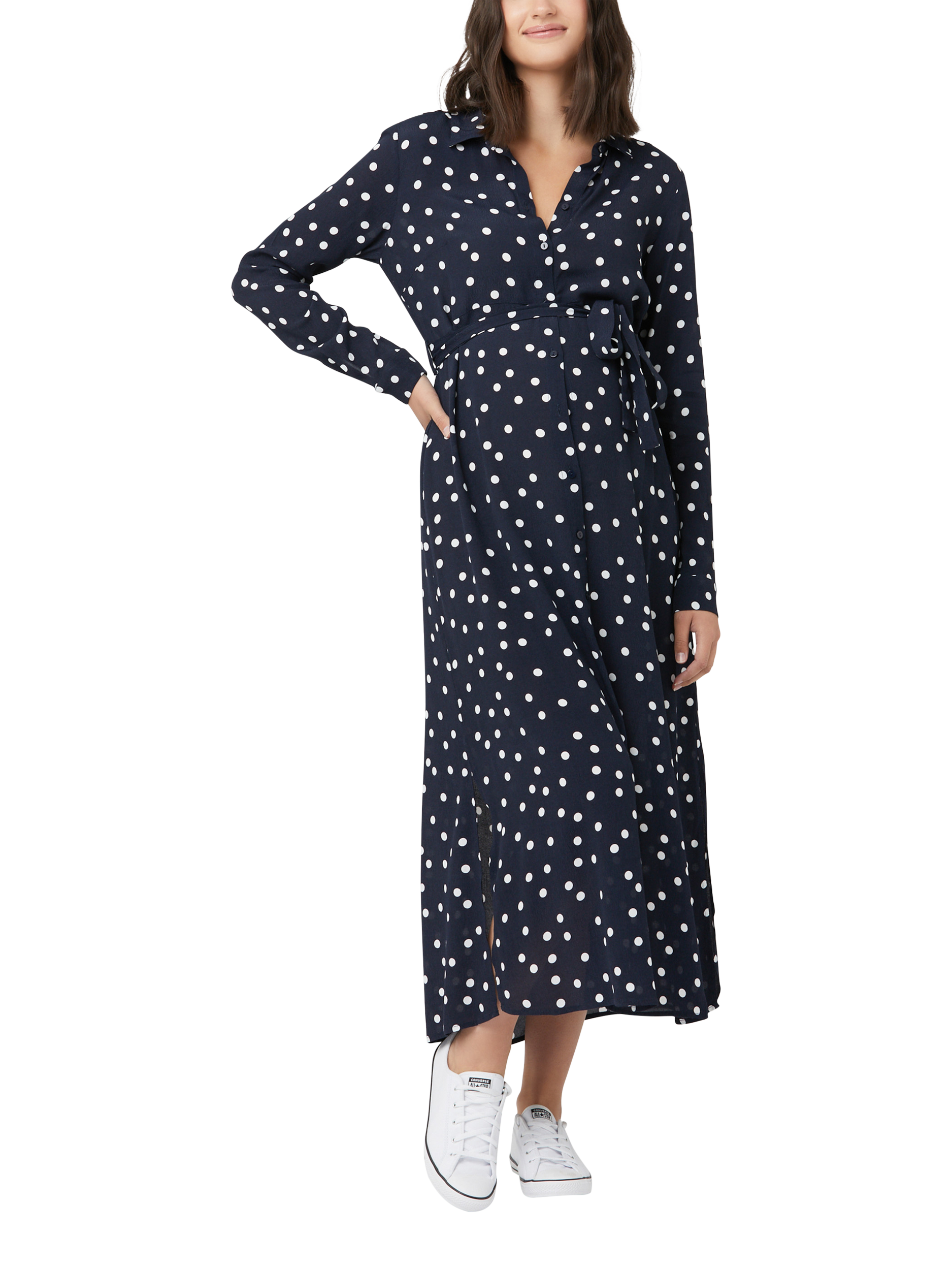 Product image 1 of 5, which shows Ripe Spot Shirt Maternity Dress, Navy/White, XS