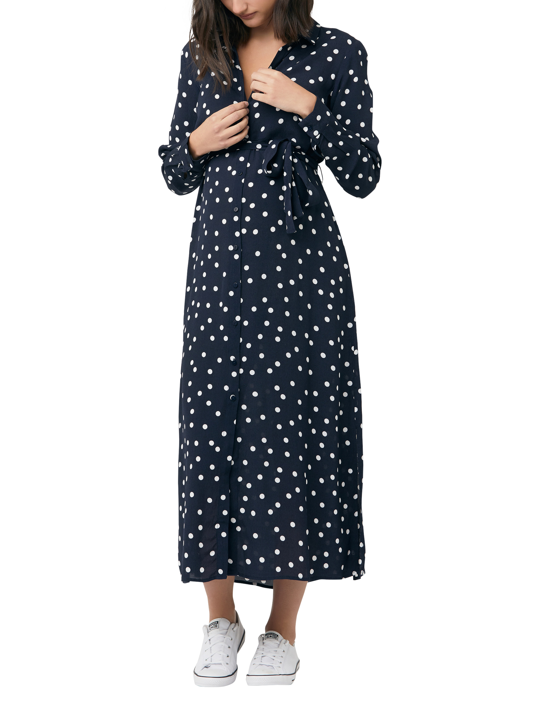 Product image 4 of 5, which shows Ripe Spot Shirt Maternity Dress, Navy/White, XS