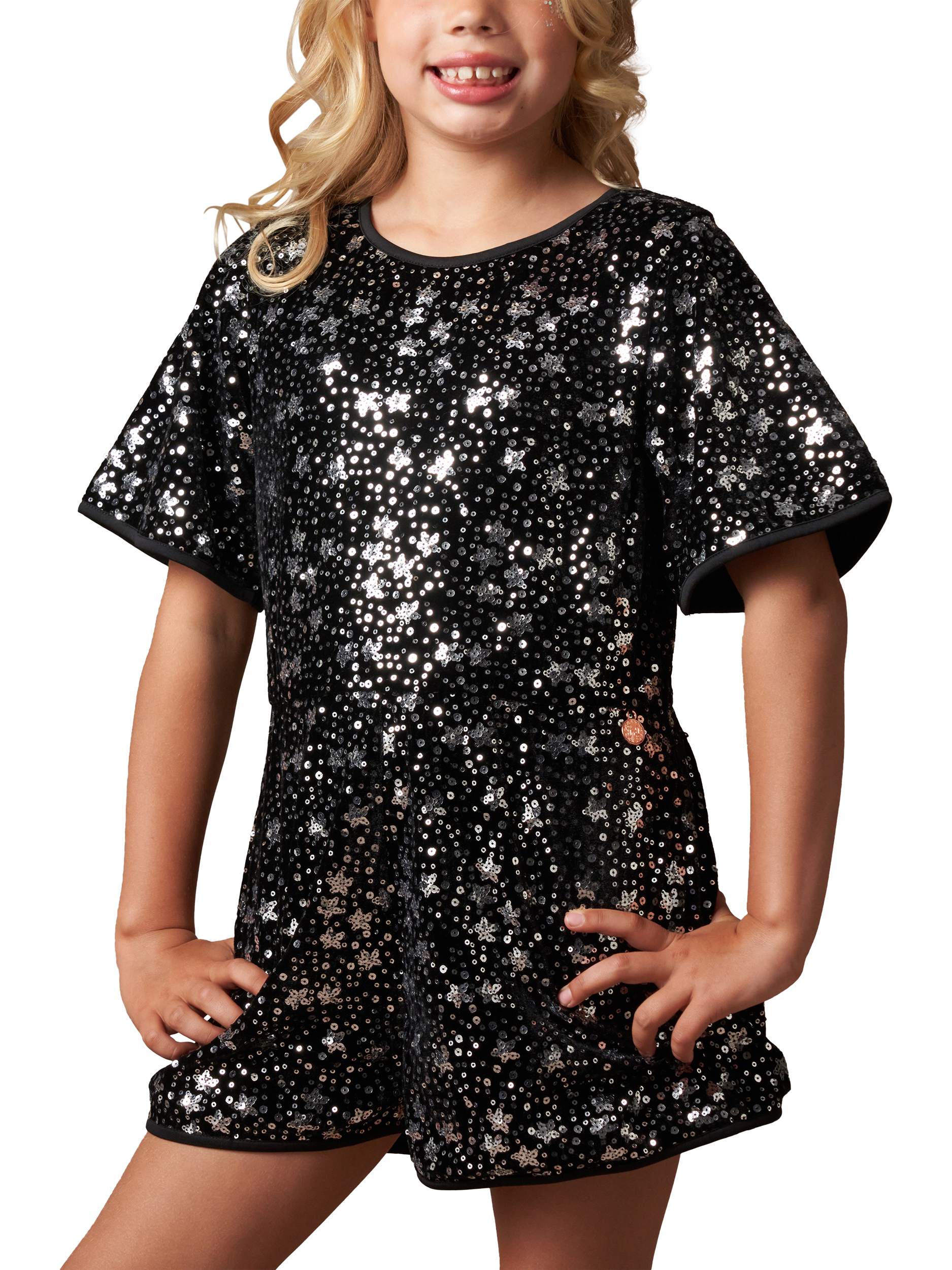 Product image 1 of 7, which shows Angel & Rocket Kids' Nova Sequin Playsuit, Black/Silver, 11 years
