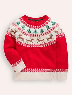 Mini Boden Kids' Fair Isle Jumper, Poppy Red Reindeer, Poppy Red Reindeer