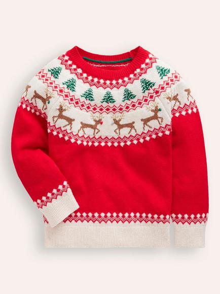 Mini Boden Kids' Fair Isle Jumper, Poppy Red Reindeer, Poppy Red Reindeer