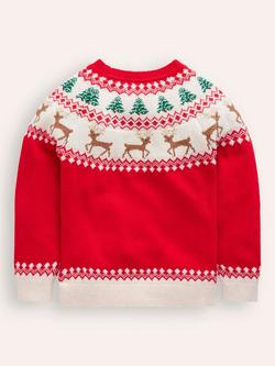 Mini Boden Kids' Fair Isle Jumper, Poppy Red Reindeer - view 2, Poppy Red Reindeer