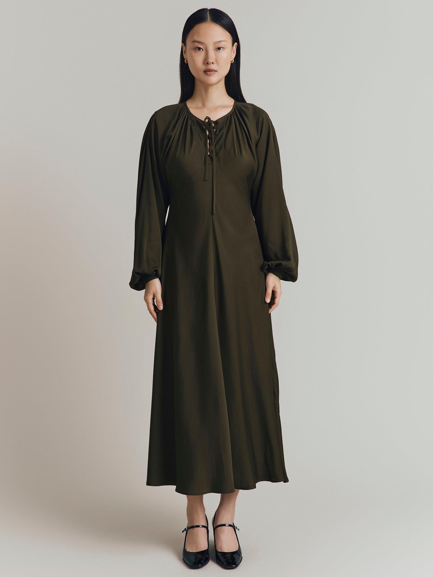 Product image 1 of 4, which shows Ghost Zuri Crepe Midi Dress, Dark Green, XS